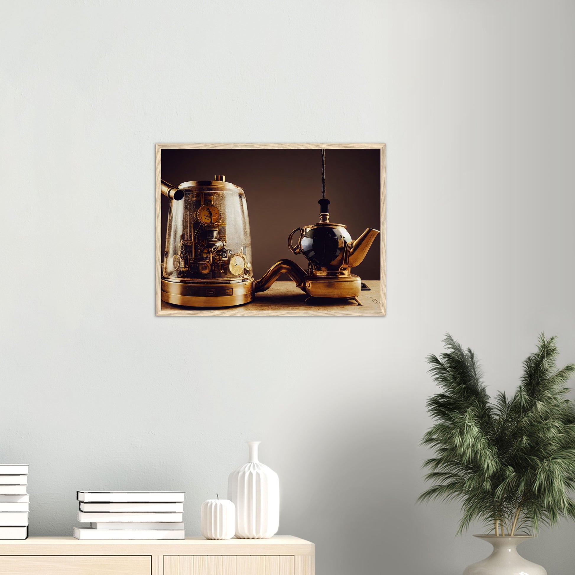 Poster mit Rahmen (Holz) - in Museumsqualität - Steampunk - Coffee Maker - No.2 - Pixelboys - Wandbild - Kunstwerk - Hotelkunst - Kunst auf Postern - Fine Art - Steampunk - Future - Maschine - Poster with frame - Office Poster - Art Brand - Pixelboys - Coffee House - Restaurant Poster - Schöner Wohnen - Dekoration - Wall Art - Kunstdruck - Geschenkidee - Kunst auf Acrylglas - Future Coffee Cup - Personalisierbare Tasse - Gastro Poster -  Gewerbliche Poster - exklusiv - Gastronomie Poster - Hotelposter -