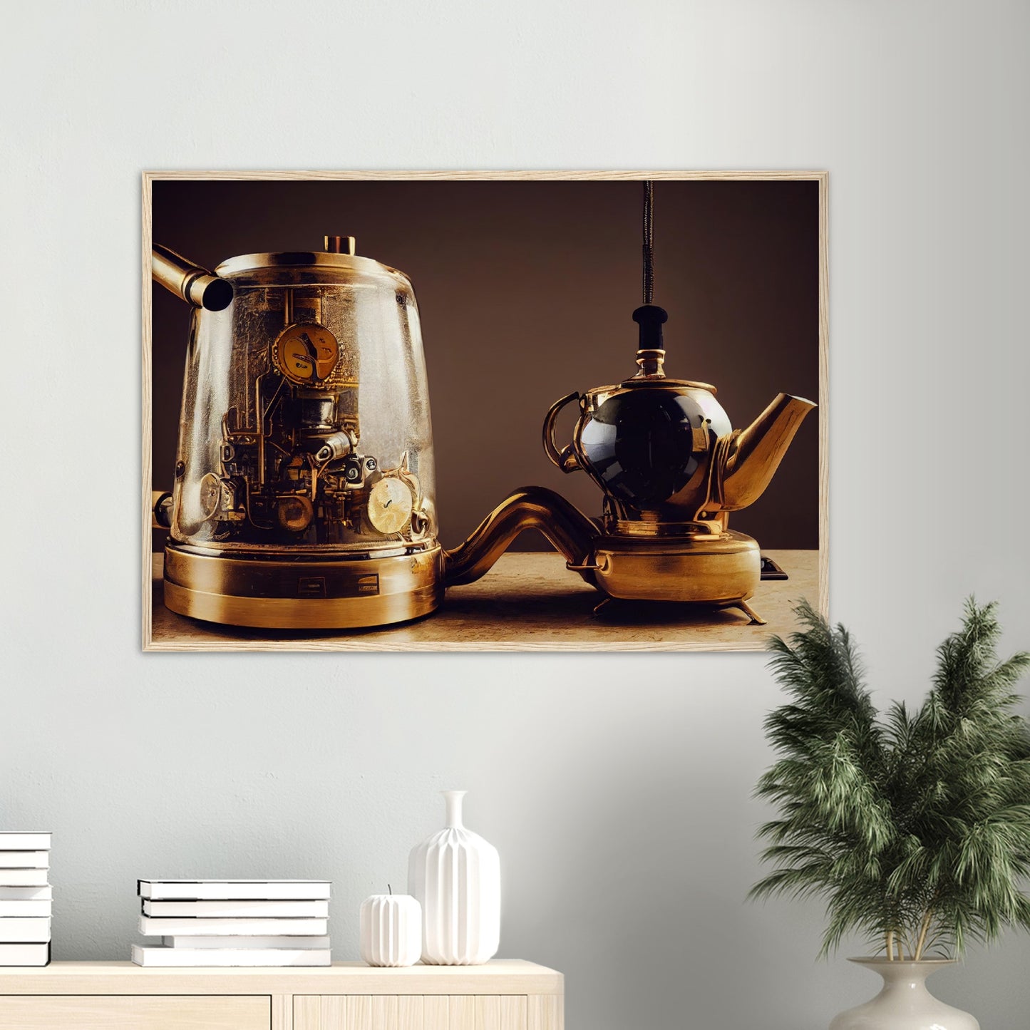 Poster mit Rahmen (Holz) - in Museumsqualität - Steampunk - Coffee Maker - No.2 - Pixelboys - Wandbild - Kunstwerk - Hotelkunst - Kunst auf Postern - Fine Art - Steampunk - Future - Maschine - Poster with frame - Office Poster - Art Brand - Pixelboys - Coffee House - Restaurant Poster - Schöner Wohnen - Dekoration - Wall Art - Kunstdruck - Geschenkidee - Kunst auf Acrylglas - Future Coffee Cup - Personalisierbare Tasse - Gastro Poster -  Gewerbliche Poster - exklusiv - Gastronomie Poster - 