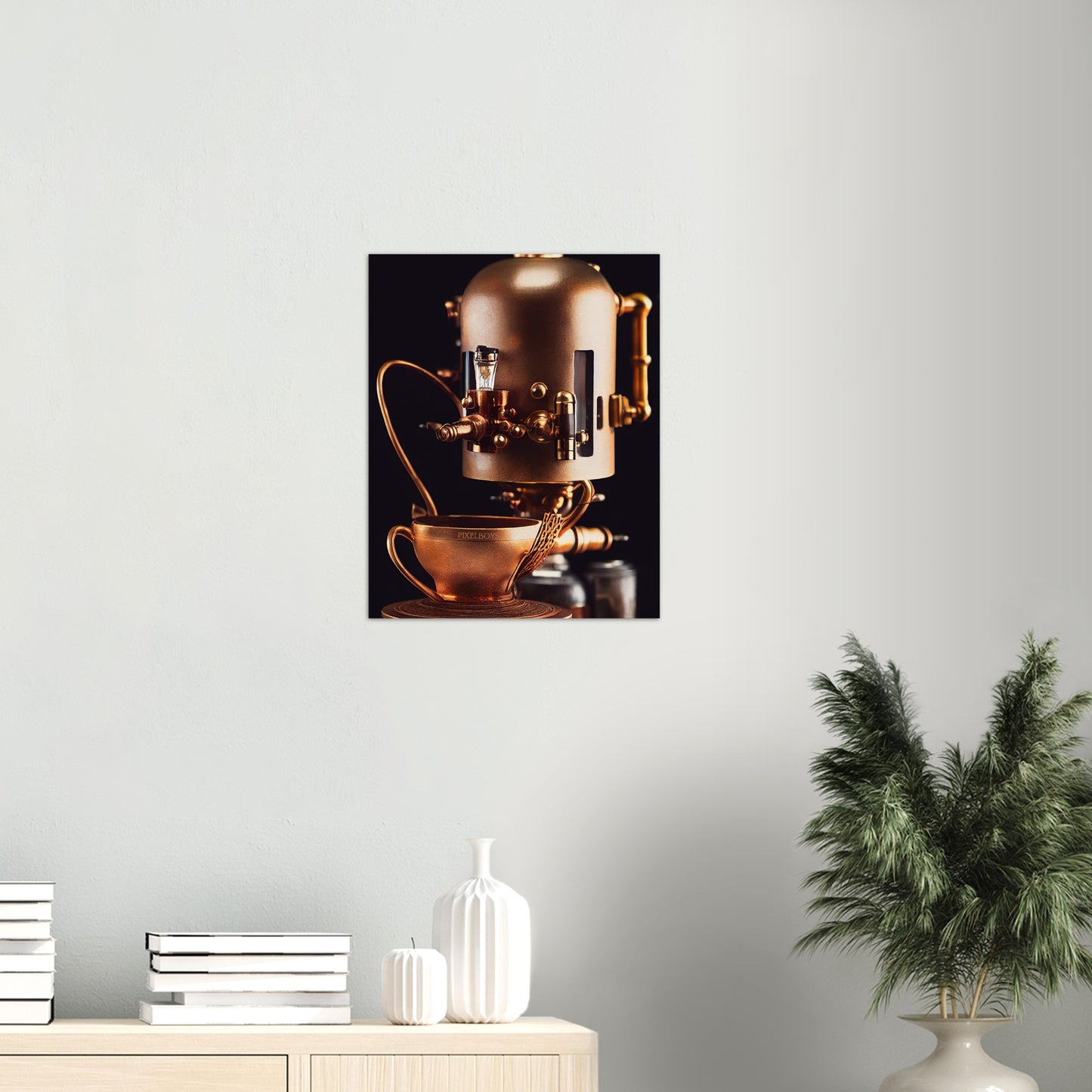 Poster in Museumsqualität - Steampunk - Coffee Maker - No.7 - Collection Cup - Pixelboys - Wandbild - Kunstwerk - Hotelkunst - Kunst auf Postern - Fine Art - Steampunk - Future - Maschine - Poster with frame - Office Poster - Art Brand - Pixelboys - Coffee House - Restaurant Poster - Wall Art - Kunstdruck - Geschenkidee - Kunst auf Acrylglas - Future Coffee Cup - Personalisierbare Tasse - Gastro Tasse - exklusiv - Acryldruck - Gastronomie Poster - Hotelposter - Teestube - Steam Punk Kitchen -   