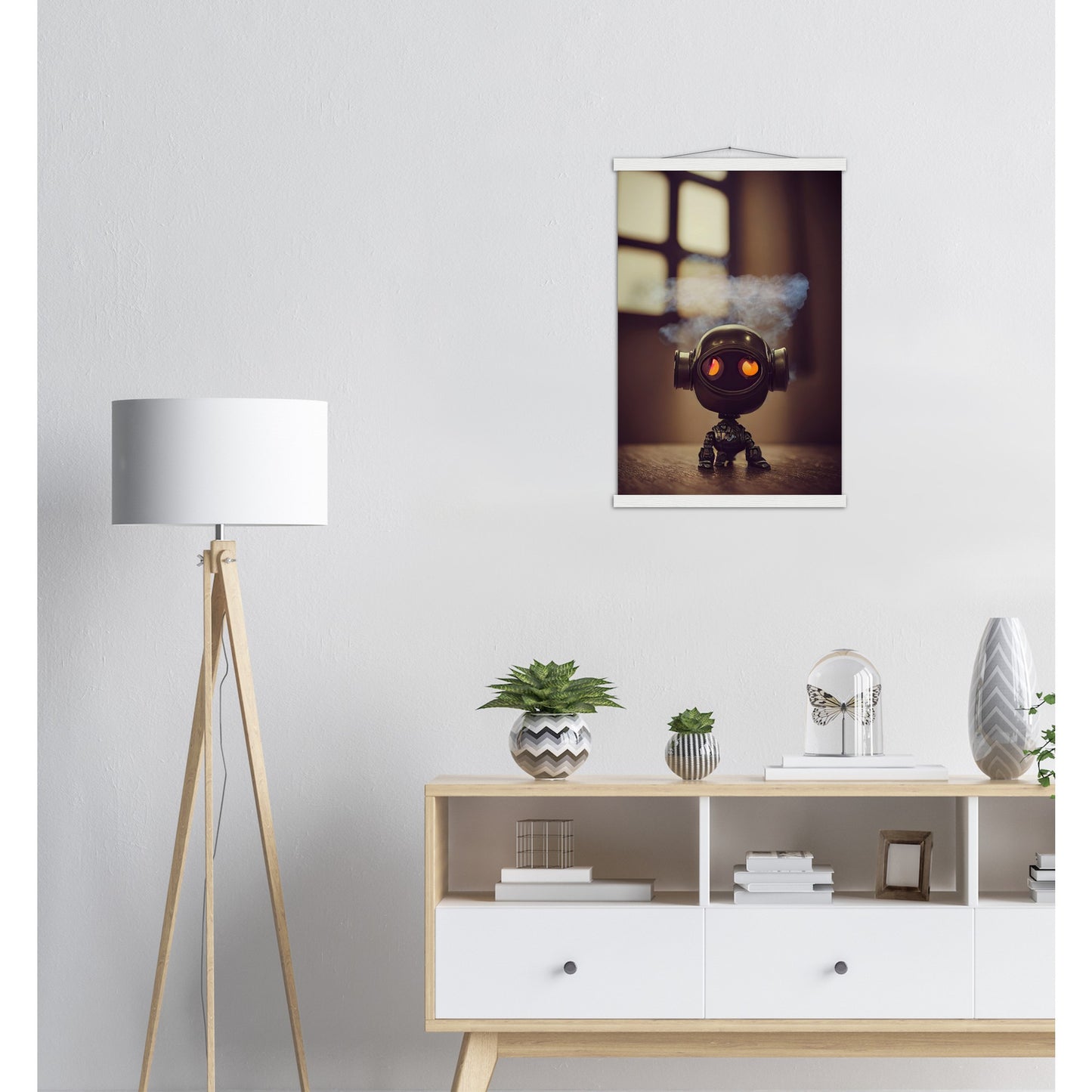 Poster mit Leisten (Holz) in Museumsqualität - Tiny robot - with smoke around his head - "Tiny Tim" - Wandbild - Customizable Coffee Cup - Personalized Gifts - Kunstdruck - Rauchender Roboter - Steampunk - Acryldruck - Smoking Robots - Personalized Gifts - Poster with frame - Wall Art - - zukunft - Kunstwerk - Office Poster - Poster mit Rahmen - Kaffee Tasse  - Bedruckte Tassen - Kunst Marke - Art Brand - Wandbild - Kunstdrucke - Künstler: John Grayst & Pixelboys - emotional robots - Geschenkidee 