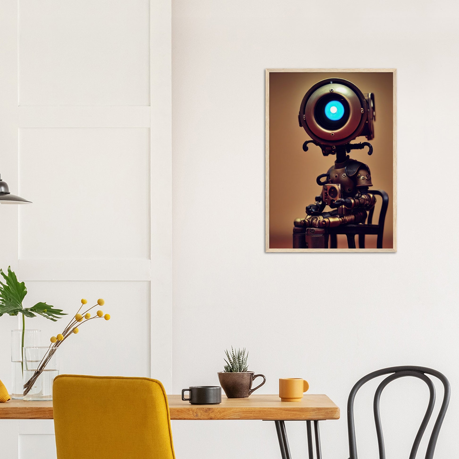 Poster mit Rahmen (Holz) - Museumsqualität -  Tiny robot with coffee - "Bobby" - Wandkunst - Papierdicke: 250g/qm - Customizable Coffee Cup - Personalized Gifts - Kunstdruck - Kleine Roboter - Acryldruck - Little Robots - Personalized Gifts - Tiny  - Steampunk - zukunft - Poster with frame - Kunstwerk - Office Poster - Poster mit Rahmen - Kaffee Tasse - Poster - Bedruckte Tassen - Kunst Marke - Art Brand - Wandbild - Kunstdrucke - Künstler: John Grayst & Pixelboys - emotional robots - Geschenkidee -