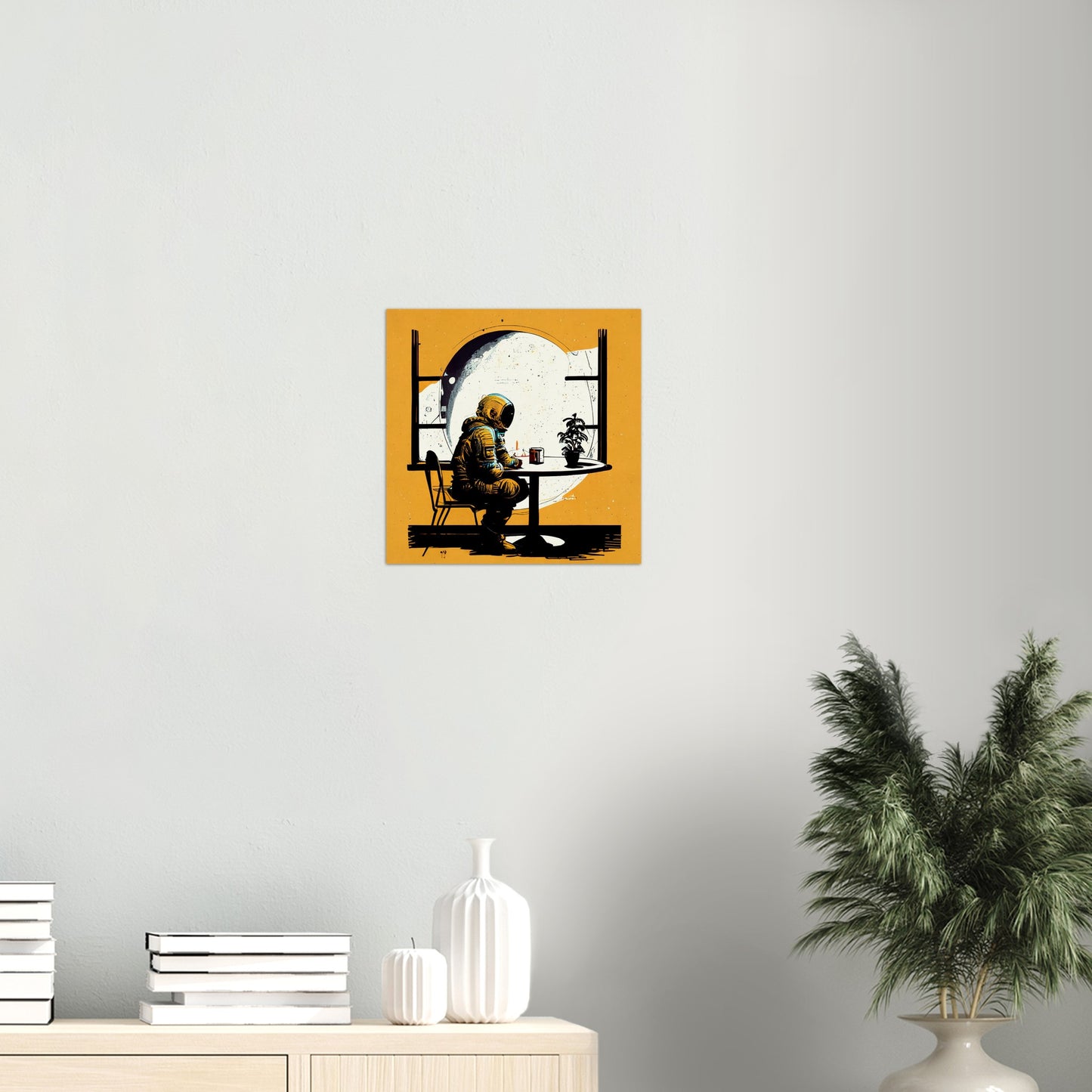 Poster in Museumsqualität - The waiting Astronaut - Michael - Illustration - Astronaut - Waiting - Posterleisten - USA - Fineart - Posterrahmen  - Wandkunst - Holzrahmen - Poster with frame - people of color - artwork - art brand - printed cup personalized - Holzleisten - pixelboys - Kunstdrucke - wandbilder - wall art - Kunst auf Tassen  - Office Poster - Gastrotassen - Wanddekoration - Acrylkunst - Geschenkidee - Office Poster - Acryldruck - Abstrakte Kunst -