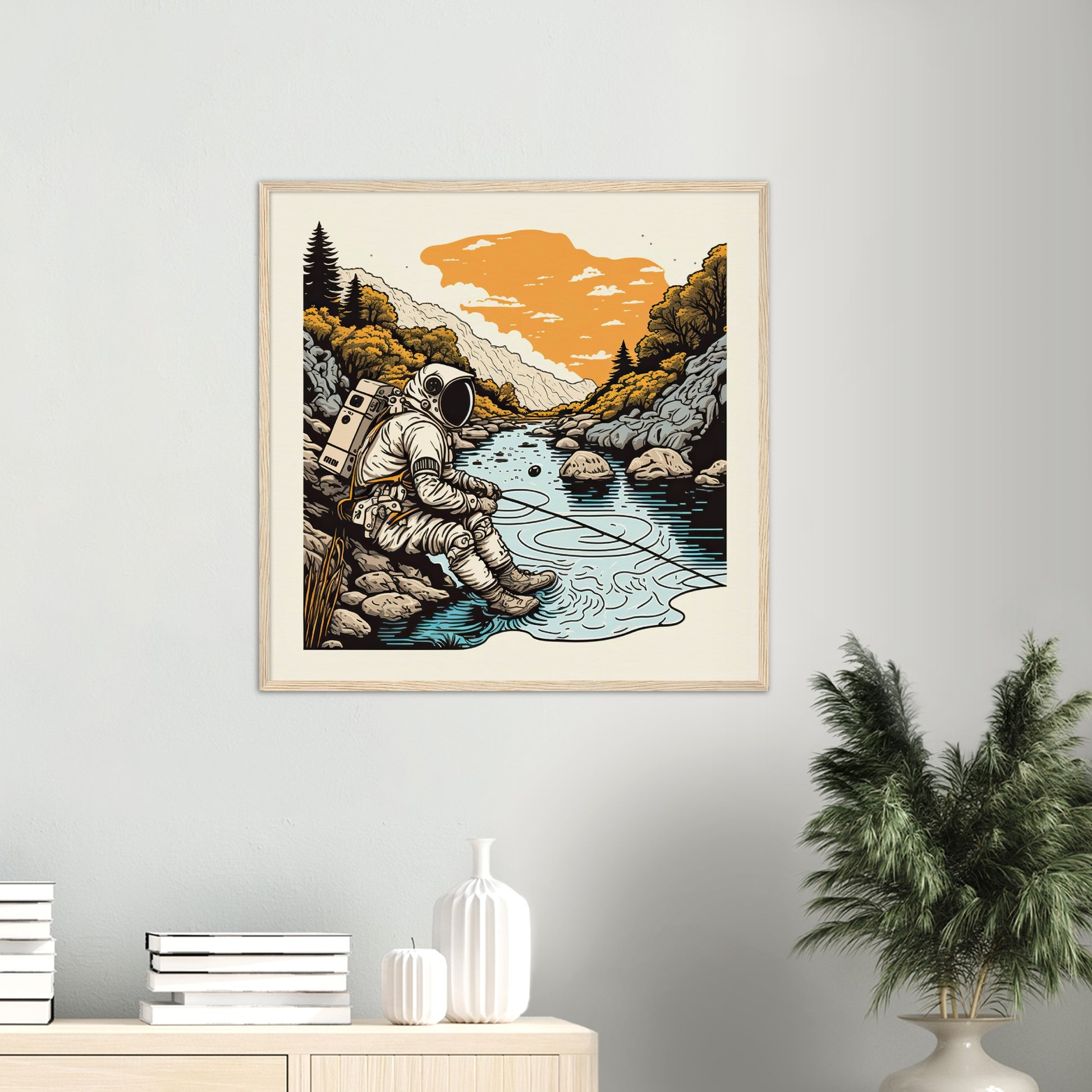 Poster mit Rahmen (Holz) - in Museumsqualität - Fishing Astronaut - Buzz - Angeln - Astronaut - Natur - Posterleisten - USA - Fineart - Posterrahmen  - Wandkunst - Holzrahmen - Poster with frame - people of color - artwork - art brand - printed cup personalized - Holzleisten - pixelboys - Kunstdrucke - wandbilder - wall art - Kunst auf Tassen  - Office Poster - Gastrotassen - Wanddekoration - Acrylkunst - Geschenkidee - Office Poster - Acryldruck - Abstrakte Kunst -