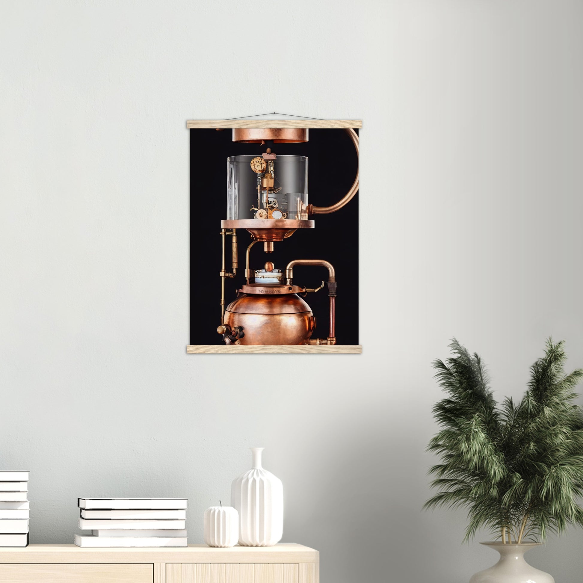 Poster mit Leisten (Holz) - Steampunk - Coffee Maker - No.6 - Collection Cup - Pixelboys - Wandbild - Kunstwerk - Hotelkunst - Kunst auf Postern - Fine Art - Steampunk - Future - Maschine - Poster with frame - Office Poster - Art Brand - Pixelboys - Coffee House - Restaurant Poster - Wall Art - Kunstdruck - Geschenkidee - Kunst auf Acrylglas - Future Coffee Cup - Personalisierbare Tasse - Gastro Tasse - exklusiv - Acryldruck - Gastronomie Poster - Hotelposter - Teestube - Steam Punk Kitchen -   