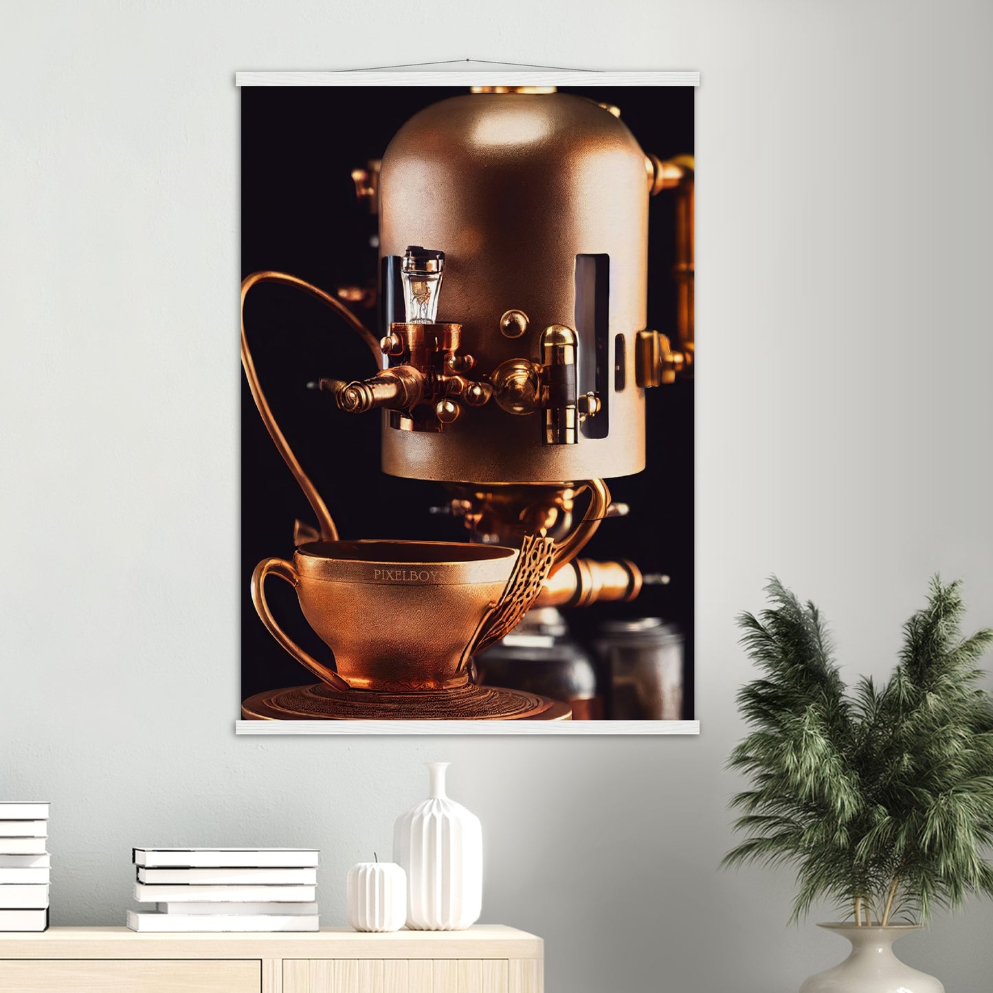 Poster mit Leisten (Holz) - Steampunk - Coffee Maker - No.7 - Collection Cup - Pixelboys - Wandbild - Kunstwerk - Hotelkunst - Kunst auf Postern - Fine Art - Steampunk - Future - Maschine - Poster with frame - Office Poster - Art Brand - Pixelboys - Coffee House - Restaurant Poster - Wall Art - Kunstdruck - Geschenkidee - Kunst auf Acrylglas - Future Coffee Cup - Personalisierbare Tasse - Gastro Tasse - exklusiv - Acryldruck - Gastronomie Poster - Hotelposter - Teestube - Steam Punk Kitchen -   