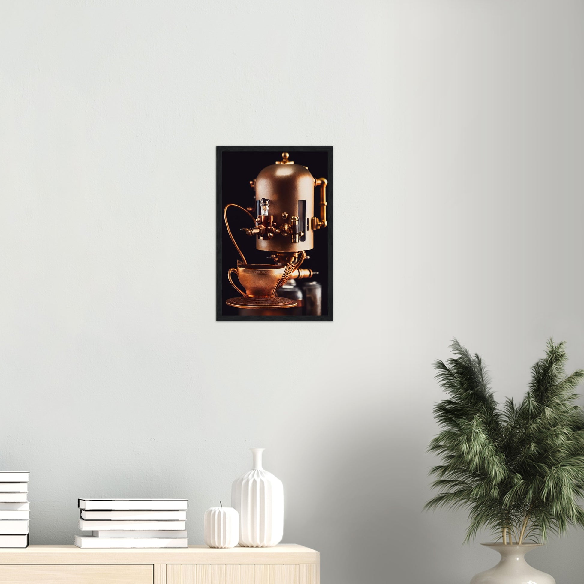 Poster mit Rahmen (Holz) - Steampunk - Coffee Maker - No.7 - Collection Cup - Pixelboys - Wandbild - Kunstwerk - Hotelkunst - Kunst auf Postern - Fine Art - Steampunk - Future - Maschine - Poster with frame - Office Poster - Art Brand - Pixelboys - Coffee House - Restaurant Poster - Wall Art - Kunstdruck - Geschenkidee - Kunst auf Acrylglas - Future Coffee Cup - Personalisierbare Tasse - Gastro Tasse - exklusiv - Acryldruck - Gastronomie Poster - Hotelposter - Teestube - Steam Punk Kitchen -   