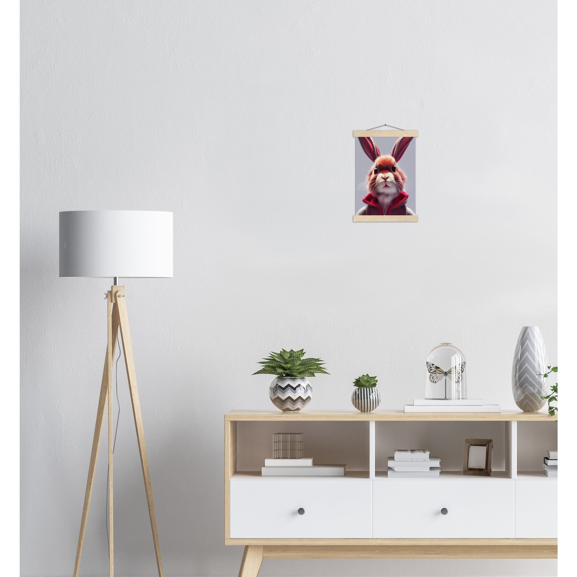 Poster mit Leisten (Holz)- Museumsqualität - Bunny in grey red tracksuit - "Julius" - personalized mug - customized mug - Cute rabbit - Marke:- Pixelboys - Brand - Art Prints - Marke - Wandkunst - Papierstärke: 250g/qm - Wall Art - Bunny crew - Skater Betty - Hasen Gang - Original - Künstler:Pixelboys - Poster with frame - Office Poster - Acrylkunst - Trend - Wandschmuck - Acrylbild - Atelier Canada - 