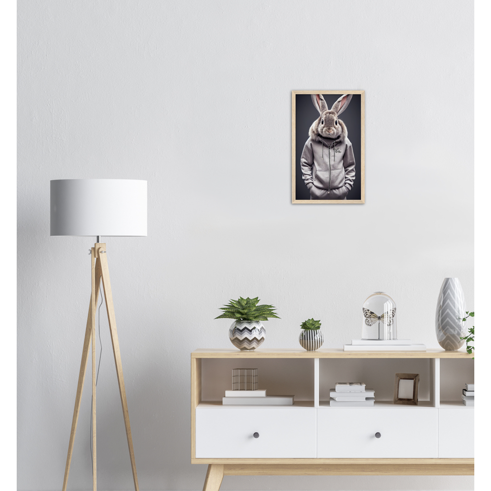 Poster mit Rahmen (Holz) - Bunny in grey Tracksuit - "Titus" - Fashion Gang - Wandbild - Ostern - Geschenkidee - Osterhase - Bunny Crew: "Titus" - "Caesar" - "Constantin" - "Cleo" - Weisser Hase - Easter Bunny - Cute - grey tracksuit - sweats - Alice's Adventures in Wonderland - Modemarke - Pixelboys Brand - Titus der Hase - Hase - Kaninchen  - Künstler: "Pixelboys" - Atelier - Germany - Berlin - Hamburg - Colgne - France - Paris - Italy - Rom - USA - America - New York City - Los Angeles - Chicago - 