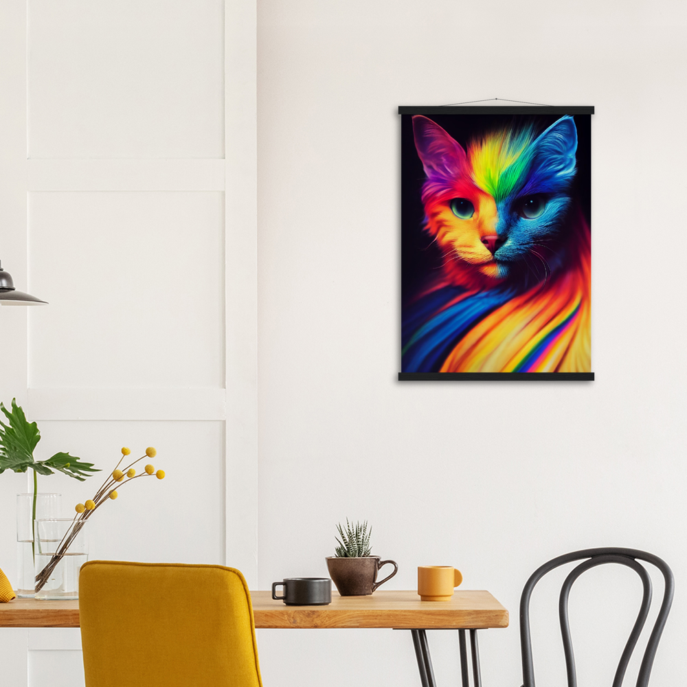 Poster Set mit Leisten aus Holz - Farbenfrohe Regenbogen Katze "Kitty" - Pride Bewegung Maskottchen -