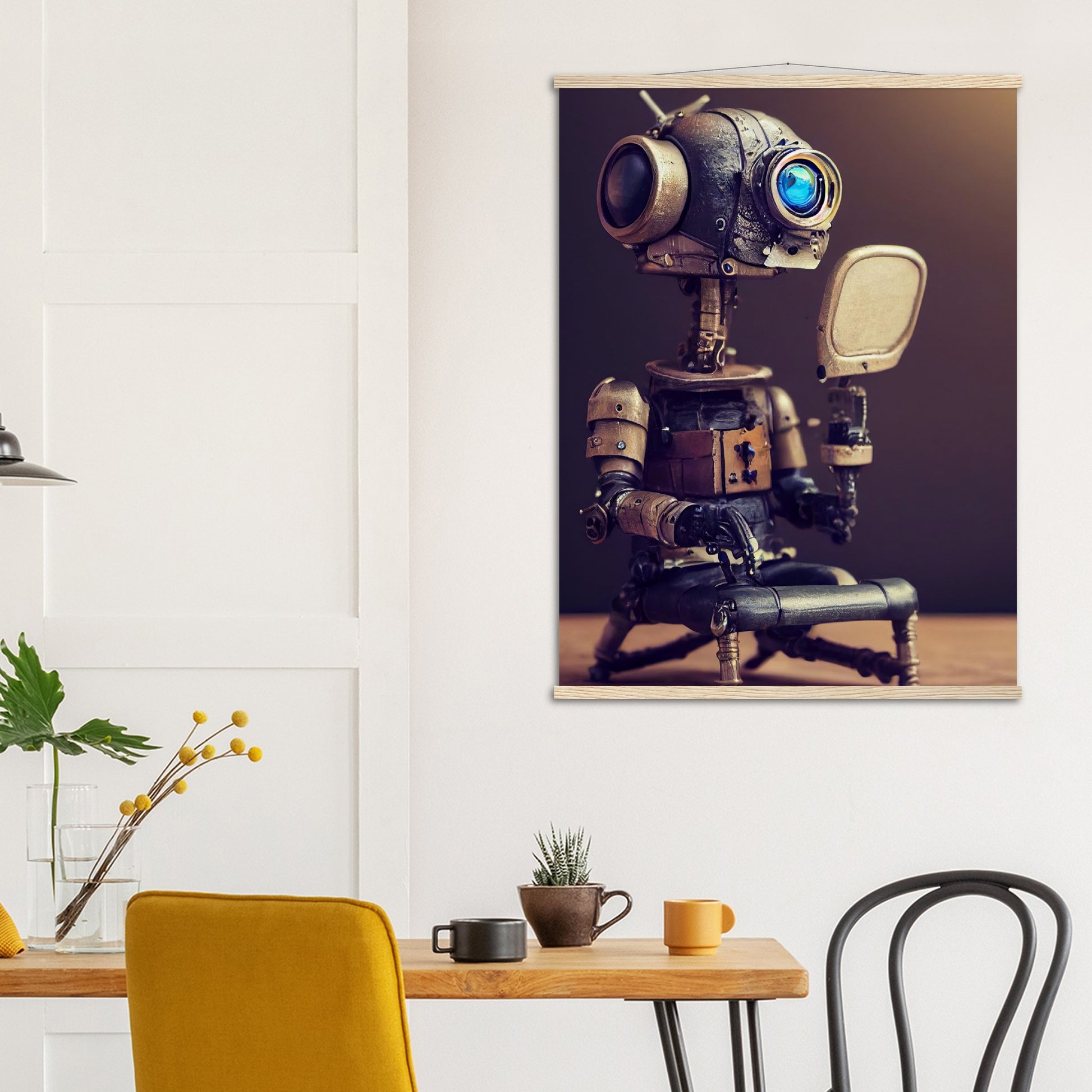 Poster mit Leisten (Holz) in Museumsqualität - Tiny robot with a mirror - Hitoshi 人 - Wall Art - Spiegel - Acryldruck - Wandkunst - Customizable Coffee Cup - Personalized Gifts - Kunstdruck - Kleine Roboter - Acryldruck - Little Robots - Personalized Gifts - Tiny  - Steampunk - zukunft - Poster with frame - Kunstwerk - Office Poster - Poster mit Rahmen - Kaffee Tasse - Poster - Bedruckte Tassen - Kunst Marke - Art Brand - Kunstdrucke - Künstler: John Grayst & Pixelboys - emotional robots - Geschenkidee - 