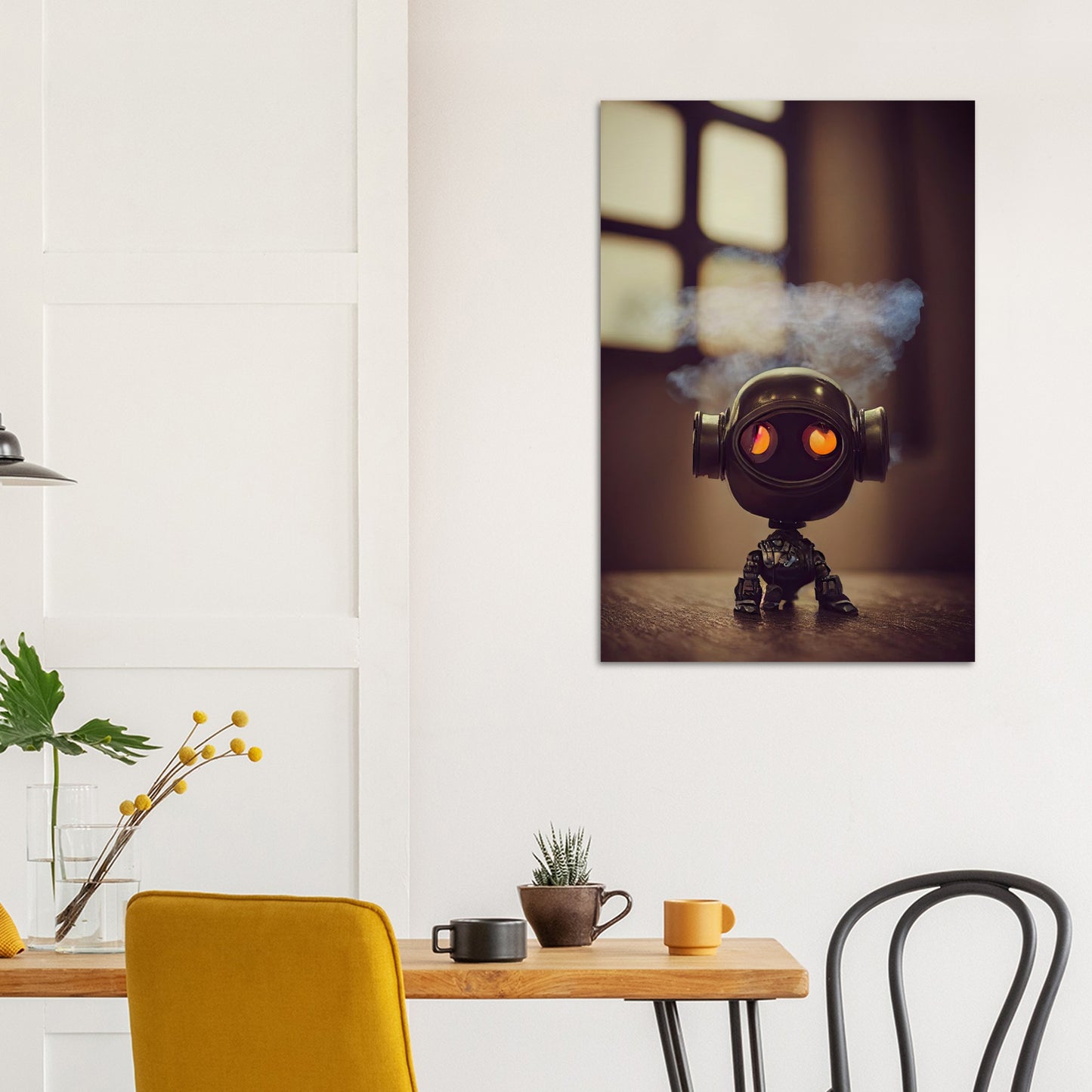 Poster in Museumsqualität - Tiny robot - with smoke around his head - "Tiny Tim" - Wandbild - Customizable Coffee Cup - Museumsqualität - Personalized Gifts - Kunstdruck - Rauchender Roboter - Steampunk - Acryldruck - Smoking Robots - Personalized Gifts - Poster with frame - blech - nr.5 lebt - zukunft - Kunstwerk - Office Poster - Poster mit Rahmen - Kaffee Tasse  - Bedruckte Tassen - Kunst Marke - Art Brand - Wandbild - Kunstdrucke - Künstler: John Grayst & Pixelboys - emotional robots - Geschenkidee -