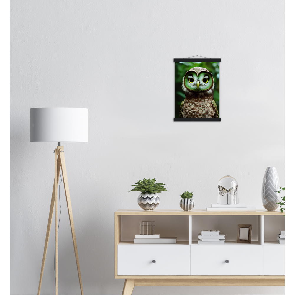 Poster mit Leisten (Holz) - Fruit Owl No. 4 - "Kiki", the Kiwi Owl - Wandkunst - Kunstdruck - (lat. tyto actinidia) - Kiwi Eule - Kiwi Owl - Fruchteulen - Vogel - Bird - Strigiformes - Noctua - Ornithologie - Kunstwerk  - Office Poster - Poster mit Rahmen - Kaffee Tasse - Poster mit Leisten - Bedruckte Tassen - Kunst Marke - Art Brand - Acryldruck - Wandbild - Kunstdrucke - Papier: 250g/qm - Künstler: John Grayst & Pixelboys - Eulen - Owl - Geschenkidee - 