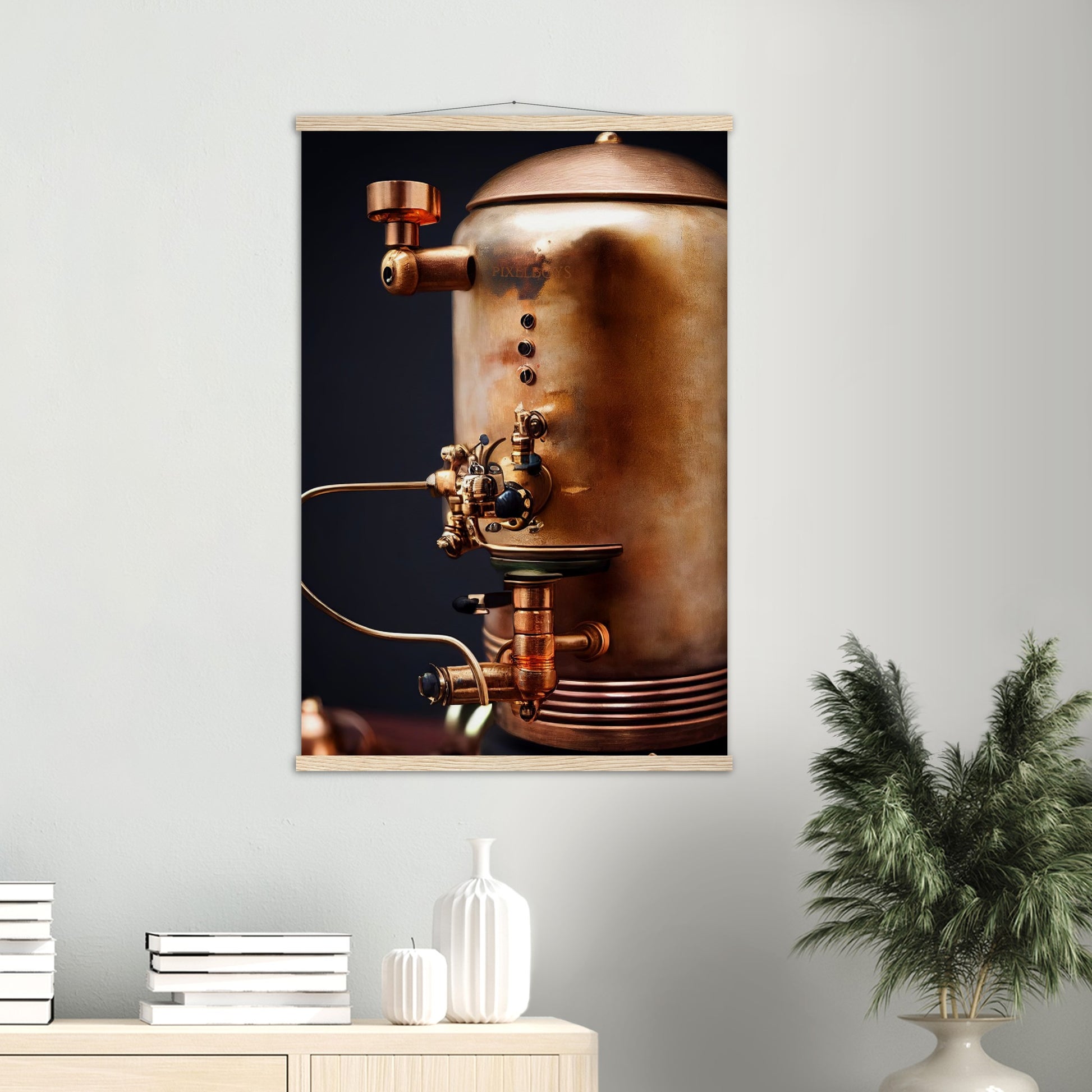 Poster mit Leisten (Holz) - Steampunk - Coffee Maker - No.5 - Collection Cup - Pixelboys - Wandbild - Kunstwerk - Hotelkunst - Kunst auf Postern - Fine Art - Steampunk - Future - Maschine - Poster with frame - Office Poster - Art Brand - Pixelboys - Coffee House - Restaurant Poster - Wall Art - Kunstdruck - Geschenkidee - Kunst auf Acrylglas - Future Coffee Cup - Personalisierbare Tasse - Gastro Tasse - exklusiv - Acryldruck - Gastronomie Poster - Hotelposter - Steam Punk Kitchen -   