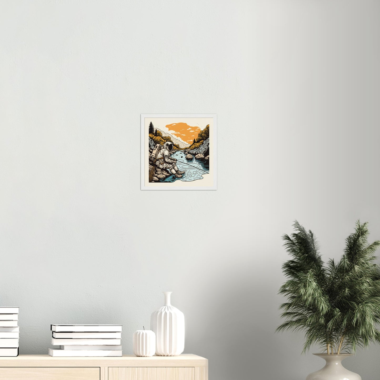 Poster mit Rahmen (Holz) - in Museumsqualität - Fishing Astronaut - Buzz - Angeln - Astronaut - Natur - Posterleisten - USA - Fineart - Posterrahmen  - Wandkunst - Holzrahmen - Poster with frame - people of color - artwork - art brand - printed cup personalized - Holzleisten - pixelboys - Kunstdrucke - wandbilder - wall art - Kunst auf Tassen  - Office Poster - Gastrotassen - Wanddekoration - Acrylkunst - Geschenkidee - Office Poster - Acryldruck - Abstrakte Kunst -