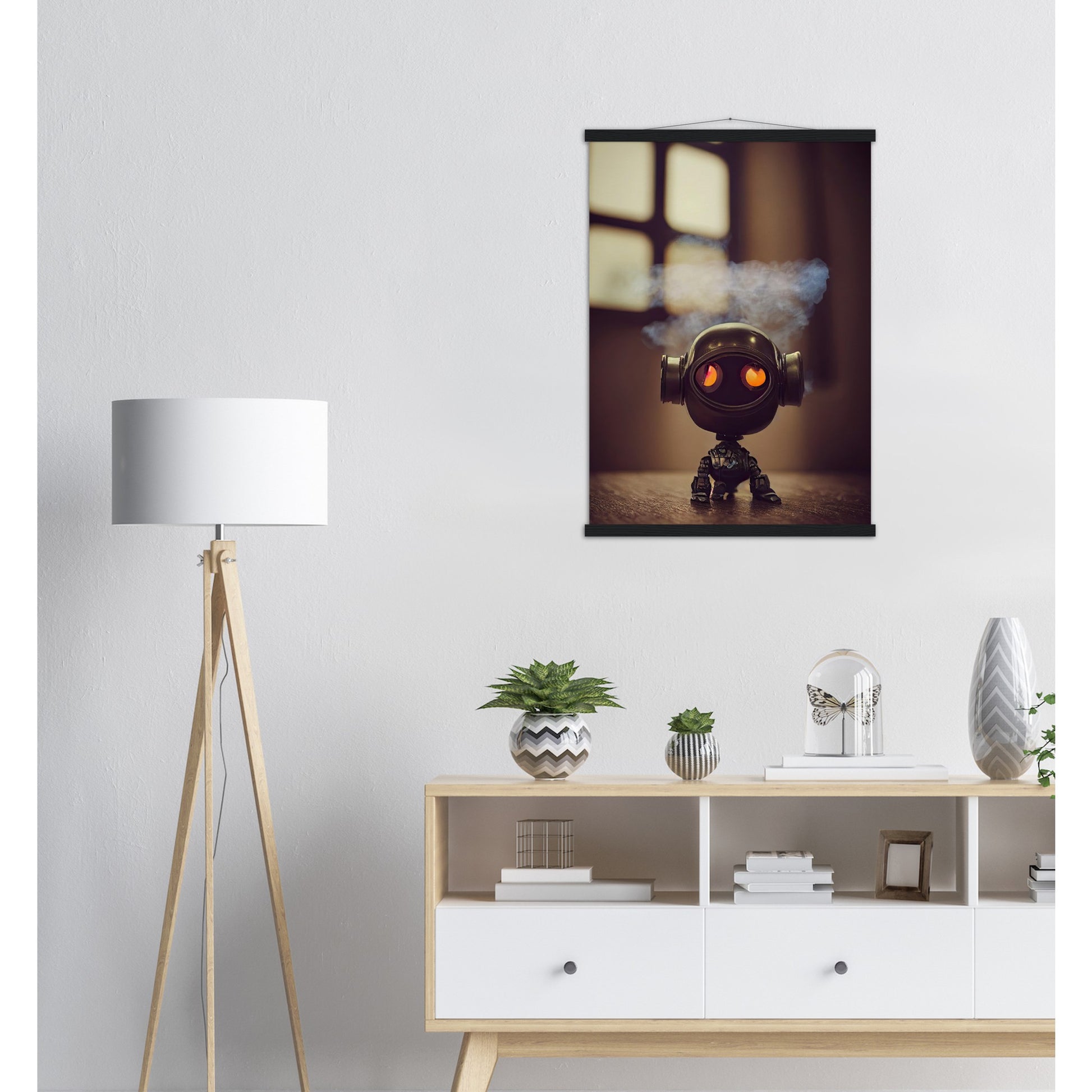 Poster mit Leisten (Holz) in Museumsqualität - Tiny robot - with smoke around his head - "Tiny Tim" - Wandbild - Customizable Coffee Cup - Personalized Gifts - Kunstdruck - Rauchender Roboter - Steampunk - Acryldruck - Smoking Robots - Personalized Gifts - Poster with frame - nr.5 lebt - zukunft - Kunstwerk - Office Poster - Poster mit Rahmen - Kaffee Tasse  - Bedruckte Tassen - Kunst Marke - Art Brand - Wandbild - Kunstdrucke - Künstler: John Grayst & Pixelboys - emotional robots - Geschenkidee -