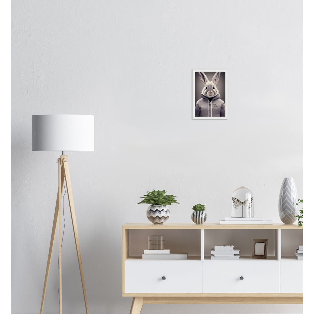 Poster mit Rahmen (Holz) - Bunny in grey Hoodie - "Constantin" - Fashion Gang - Wandbild - Ostern - Geschenkidee - Osterhase - Bunny Crew: "Constantin" - "Caesar" - "Titus" - "Cleo" - Weisser Hase - Easter Bunny - Cute - grey Hoodie - sweats - Alice's Adventures in Wonderland - Modemarke - Pixelboys Brand - Constantin der Hase - Hase - Kaninchen  - Künstler: "Pixelboys" - Atelier - Germany - Berlin - Hamburg - Colgne - France - Paris - Italy - Rom - USA - America - New York City - Los Angeles - Chicago - 