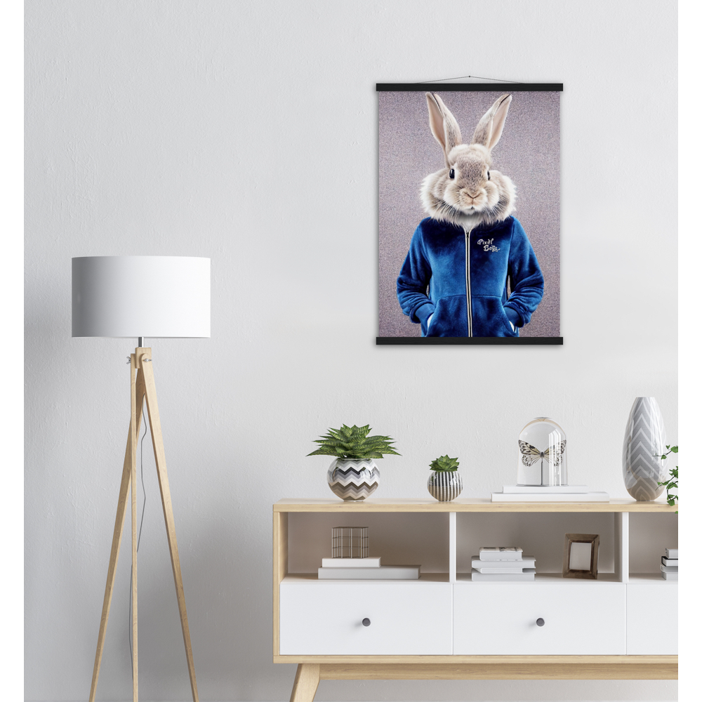 Poster mit Leisten (Holz) - Bunny in blue Tracksuit - "Caesar" - Gang - Wandbild - Ostern - Geschenkidee - Osterhase - Bunny Crew: "Caesar" - "Constantin" - "Titus" - "Cleo" - Weisser Hase - Easter Bunny - Cute - blue Tracksuit - sweats - Gang - Modemarke -Pixelboys Brand - Caesar der Hase - Meister Lampe - Hase - Kaninchen - Karnickel - Stallhase - Künstler: "Pixelboys" - Atelier - Germany - Berlin - Hamburg - Colgne - France - Paris - Italy - Rom - USA - America - New York City - Los Angeles - Chicago - 