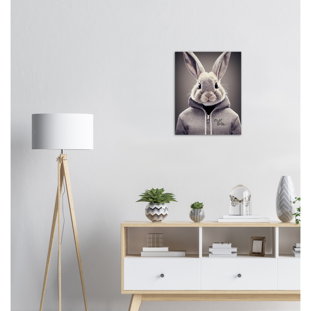 Poster in Museumsqualität - Bunny in grey Hoodie - "Constantin" - Fashion Gang - Wandbild - Ostern - Geschenkidee - Osterhase - Bunny Crew: "Constantin" - "Caesar" - "Titus" - "Cleo" - Weisser Hase - Easter Bunny - Cute - grey Hoodie - sweats - Alice's Adventures in Wonderland - Modemarke - Pixelboys Brand - Constantin der Hase - Hase - Kaninchen  - Künstler: "Pixelboys" - Atelier - Germany - Berlin - Hamburg - Colgne - France - Paris - Italy - Rom - USA - America - New York City - Los Angeles - Chicago - 