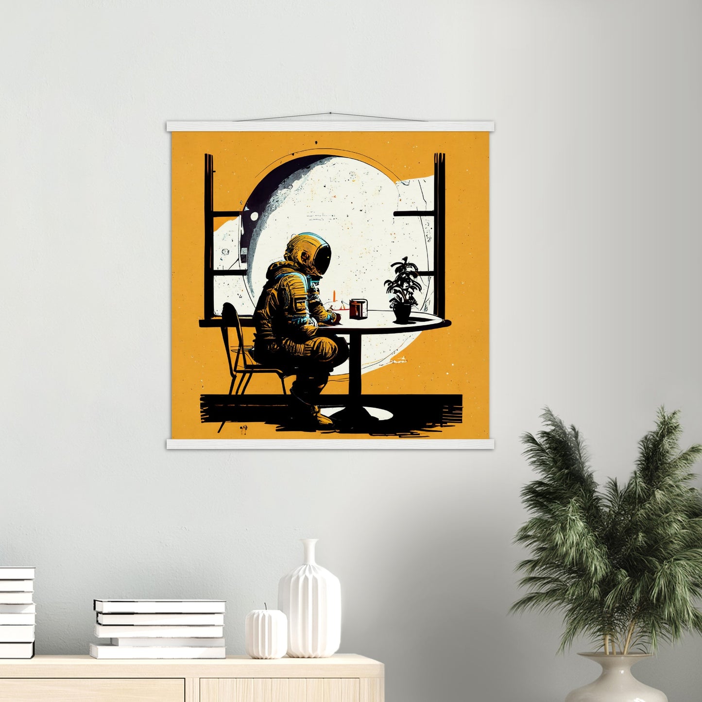 Poster mit Leisten (Holz) in Museumsqualität - The waiting Astronaut - Michael - Illustration - Astronaut - Waiting - Posterleisten - USA - Fineart - Posterrahmen  - Wandkunst - Holzrahmen - Poster with frame - people of color - artwork - art brand - printed cup personalized - Holzleisten - pixelboys - Kunstdrucke - wandbilder - wall art - Kunst auf Tassen  - Office Poster - Gastrotassen - Wanddekoration - Acrylkunst - Geschenkidee - Office Poster - Acryldruck - Abstrakte Kunst -