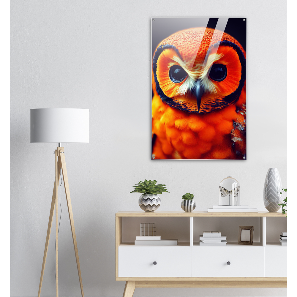 Acrylbild - Fruit Owl No. 1 - "Orangina", the orange owl - Serie Fruit Owls - Schleiereulen - lat. Tytonidae - Fruchteulen - Vogel - Bird - Strigiformes - Noctua - Ornithologie - Kunstwerk - Acryldruck - Poster mit Rahmen - Poster mit Leisten - Bedruckte Tassen - Kunst Marke - Art Brand - Pixelboys - Kunstdruck - Acryldruck - Wandbild - Kunstdrucke - Papier: 250g/qm - Künstler: John Grayst & Pixelboys - Eulen - Owl-  - Atelier - England - London - Birmingham - Manchester - Leeds - Liverpool  