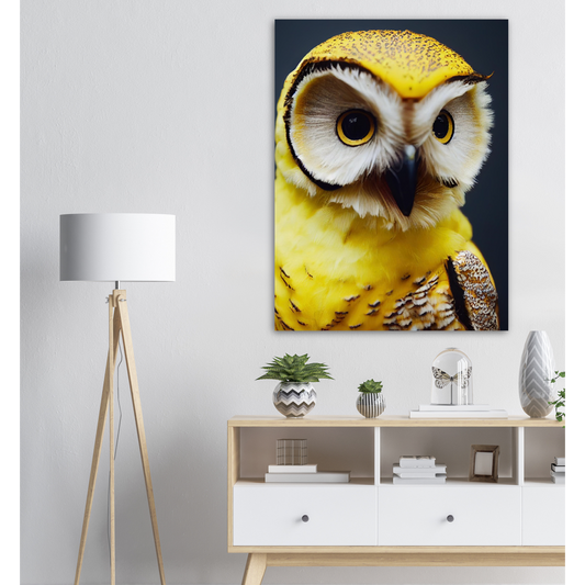 Poster in Museumsqualität - Fruit Owl No. 3 - "Benny", the Banana Owl - Wandkunst - Kunstdruck - (lat. tyto musa) - Bananeneule - Schleiereulen - Fruchteulen - Vogel - Bird - Strigiformes - Noctua - Ornithologie - Kunstwerk  - Office Poster - Poster mit Rahmen - Kaffee Tasse - Poster mit Leisten - Bedruckte Tassen - Kunst Marke - Art Brand - Acrylbild - Wandbild - Kunstdrucke - Papier: 250g/qm - Künstler: John Grayst & Pixelboys - Eulen - Owl - Geschenkidee - 