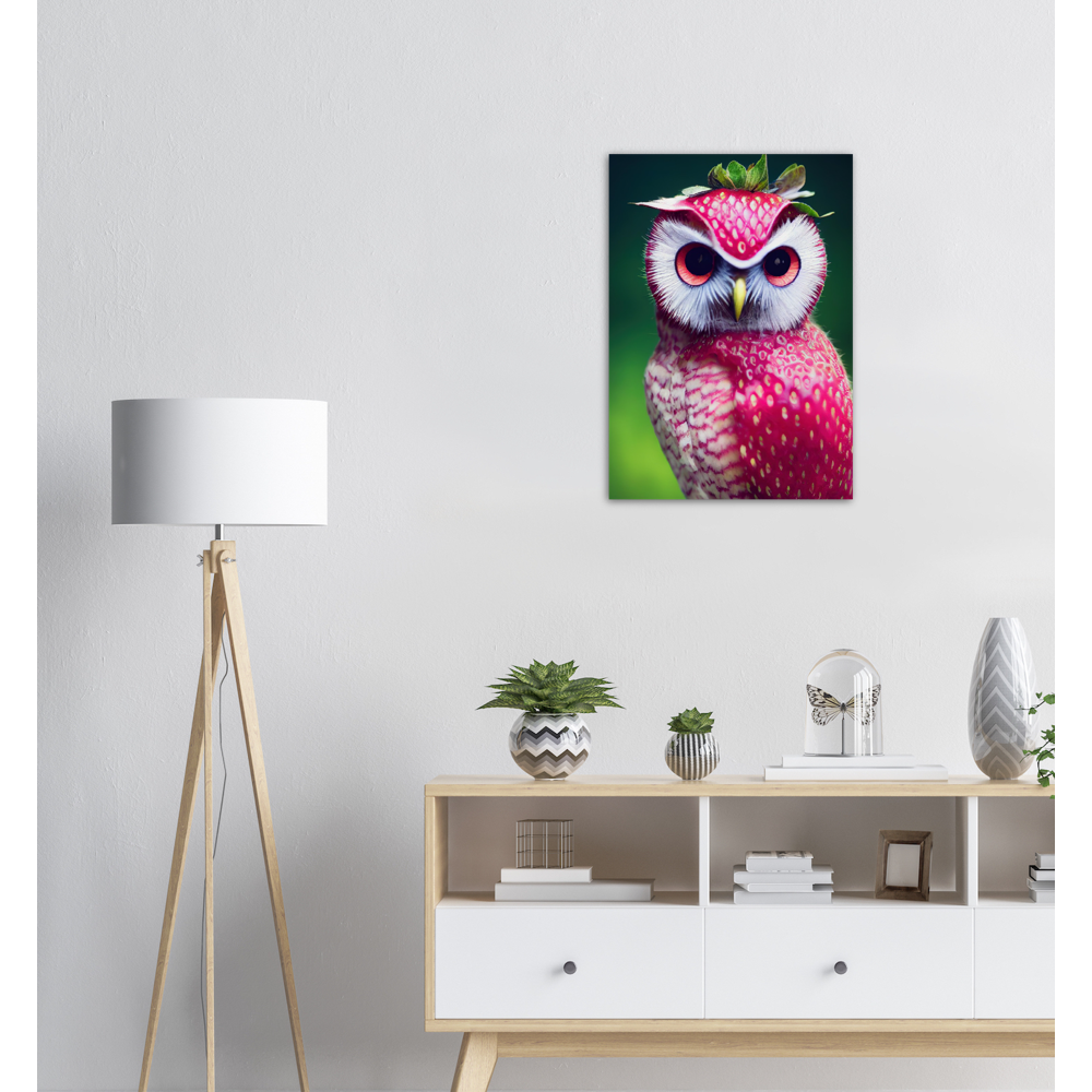 Poster in Museumsqualität - Fruit Owl No. 2 - "Berry", the Strawberry Owl - Serie Fruit Owls - Wandkunst - Kunstdruck - (fiktiv: lat.  Pulsatrix Fragaria) - Erdbeere - Schleiereulen - Fruchteulen - Vogel - Bird - Strigiformes - Noctua - Ornithologie - Kunstwerk  - Office Poster - Poster mit Rahmen - Kaffee Tasse - Poster mit Leisten - Bedruckte Tassen - Kunst Marke - Art Brand - Acrylbild - Wandbild - Kunstdrucke - Papier: 250g/qm - Künstler: John Grayst & Pixelboys - Eulen - Owl - Geschenkidee - 