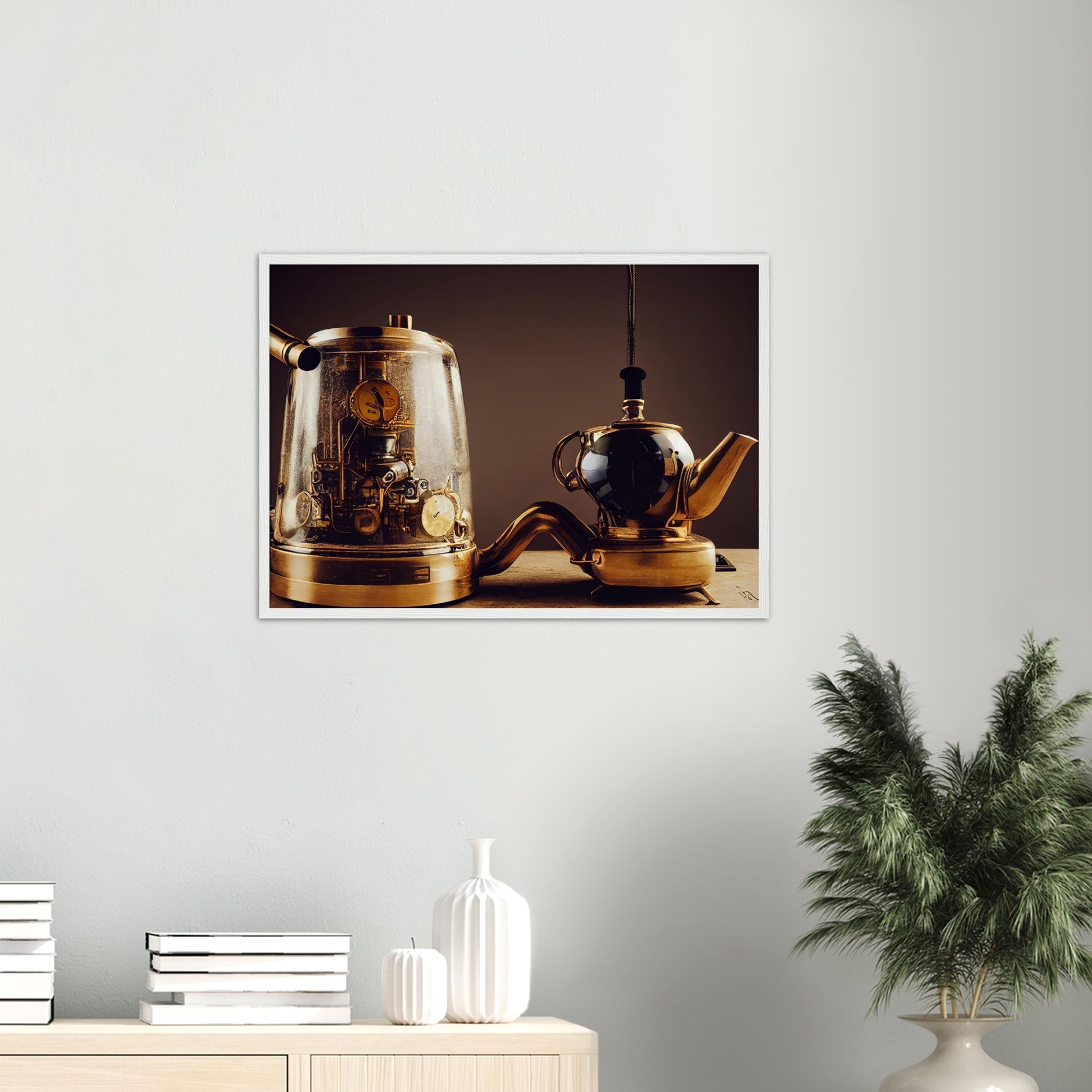 Poster mit Rahmen (Holz) - in Museumsqualität - Steampunk - Coffee Maker - No.2 - Pixelboys - Wandbild - Kunstwerk - Hotelkunst - Kunst auf Postern - Fine Art - Steampunk - Future - Maschine - Poster with frame - Office Poster - Art Brand - Pixelboys - Coffee House - Restaurant Poster - Schöner Wohnen - Dekoration - Wall Art - Kunstdruck - Geschenkidee - Kunst auf Acrylglas - Future Coffee Cup - Personalisierbare Tasse - Gastro Poster -  Gewerbliche Poster - exklusiv - Gastronomie Poster - Hotelposter -