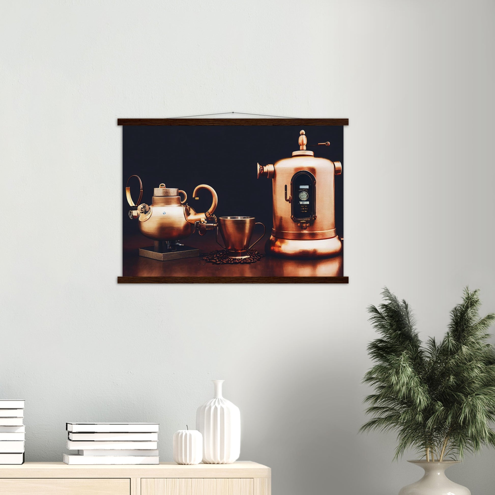 Poster mit Leisten (Holz) - in Museumsqualität - Steampunk - Coffee Maker - No.4 - Collection Cup - Pixelboys - Wandbild - Kunstwerk - Hotelkunst - Kunst auf Postern - Fine Art - Steampunk - Future - Maschine - Poster with frame - Office Poster - Art Brand - Pixelboys - Coffee House - Restaurant Poster - Wall Art - Kunstdruck - Geschenkidee - Kunst auf Acrylglas - Future Coffee Cup - Personalisierbare Tasse - Gastro Tasse - exklusiv - Acryldruck - Gastronomie Poster - Hotelposter - Steam Punk Kitchen -   