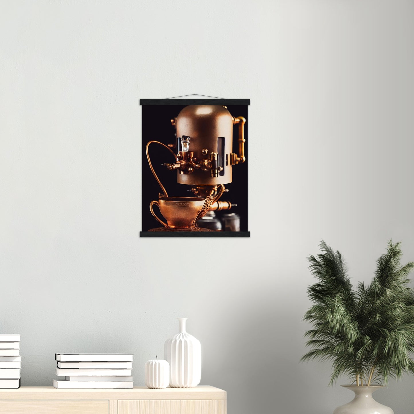 Poster mit Leisten (Holz) - Steampunk - Coffee Maker - No.7 - Collection Cup - Pixelboys - Wandbild - Kunstwerk - Hotelkunst - Kunst auf Postern - Fine Art - Steampunk - Future - Maschine - Poster with frame - Office Poster - Art Brand - Pixelboys - Coffee House - Restaurant Poster - Wall Art - Kunstdruck - Geschenkidee - Kunst auf Acrylglas - Future Coffee Cup - Personalisierbare Tasse - Gastro Tasse - exklusiv - Acryldruck - Gastronomie Poster - Hotelposter - Teestube - Steam Punk Kitchen -   