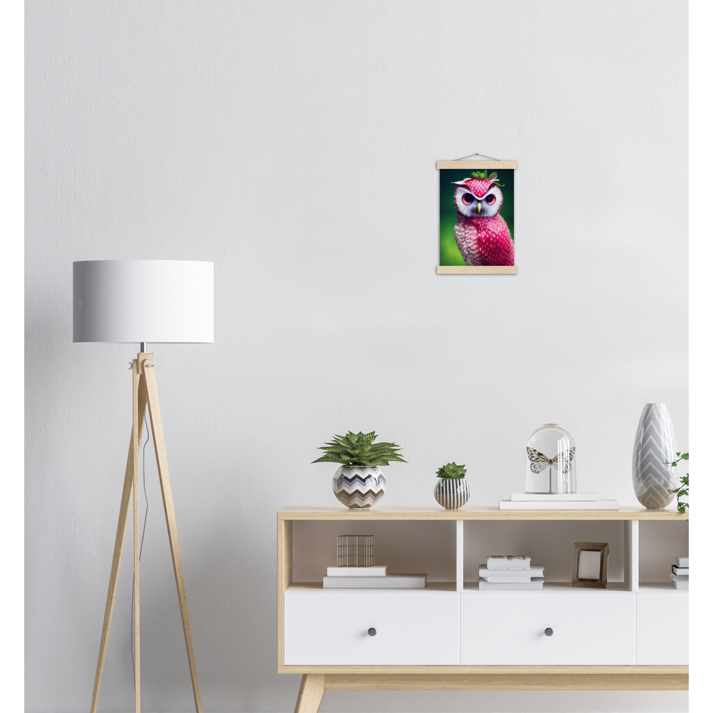 Poster mit Leisten (Holz) - Fruit Owl No. 2 - "Berry", the Strawberry Owl - Serie Fruit Owls - Wandkunst - Kunstdruck - (fiktiv: lat.  Pulsatrix Fragaria) - Erdbeere - Schleiereulen - Fruchteulen - Vogel - Bird - Strigiformes - Noctua - Ornithologie - Kunstwerk  - Office Poster - Poster mit Rahmen - Kaffee Tasse - Poster mit Leisten - Bedruckte Tassen - Kunst Marke - Art Brand - Acrylbild - Wandbild - Kunstdrucke - Papier: 250g/qm - Künstler: John Grayst & Pixelboys - Eulen - Owl - Geschenkidee - 