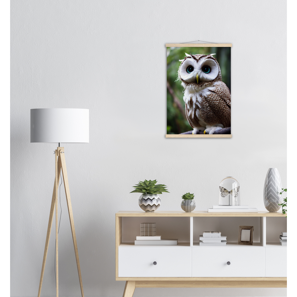 Poster mit Leisten (Holz) - Fruit Owl No.6 - "Cornelius", the coconut owl - Wandkunst - Museumsqualität - Kunstdruck - Kokusnuseule - Kokosnuss-Uhu (lat. bubo vaccinium)  - Acryldruck - Fruchteulen - coconut owl - Vogel - Uhu - Bird - Strigiformes - Noctua - Ornithologie - Kunstwerk  - Office Poster - Poster mit Rahmen - Kaffee Tasse - Poster mit Leisten - Bedruckte Tassen - Kunst Marke - Art Brand - Wandbild - Kunstdrucke - Papier: 250g/qm - Künstler: John Grayst & Pixelboys - Eulen - Owl - Geschenkidee - 