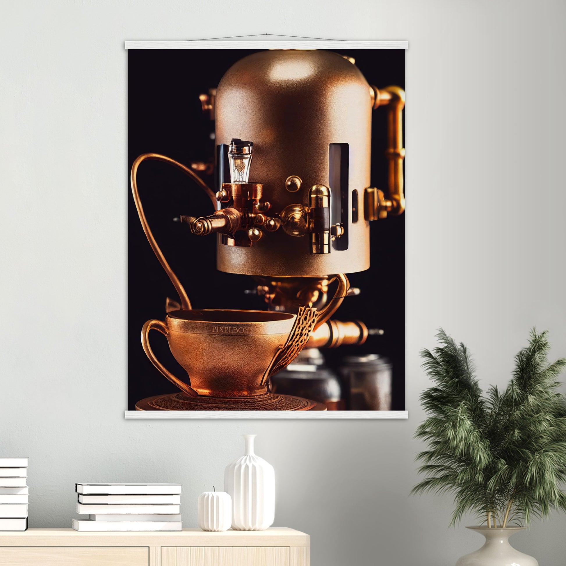 Poster mit Leisten (Holz) - Steampunk - Coffee Maker - No.7 - Collection Cup - Pixelboys - Wandbild - Kunstwerk - Hotelkunst - Kunst auf Postern - Fine Art - Steampunk - Future - Maschine - Poster with frame - Office Poster - Art Brand - Pixelboys - Coffee House - Restaurant Poster - Wall Art - Kunstdruck - Geschenkidee - Kunst auf Acrylglas - Future Coffee Cup - Personalisierbare Tasse - Gastro Tasse - exklusiv - Acryldruck - Gastronomie Poster - Hotelposter - Teestube - Steam Punk Kitchen -   