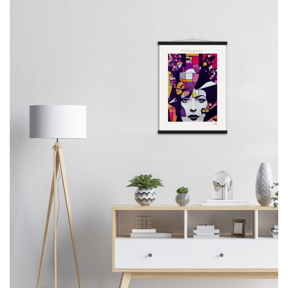 Poster mit Leisten (Holz) - The Queen No.1 - HRH in cubes - Kunstdruck - Queen Elisabeth II - Monarch - HRH - His/Her Royal Highness - Groß Britannien - Commonwealth - The Royal Family - Wandbild - Kubismus - synthetischen Kubismus - Georges Braque - Künstler: "John Grayst" - Atelier - UK - GB - London - 