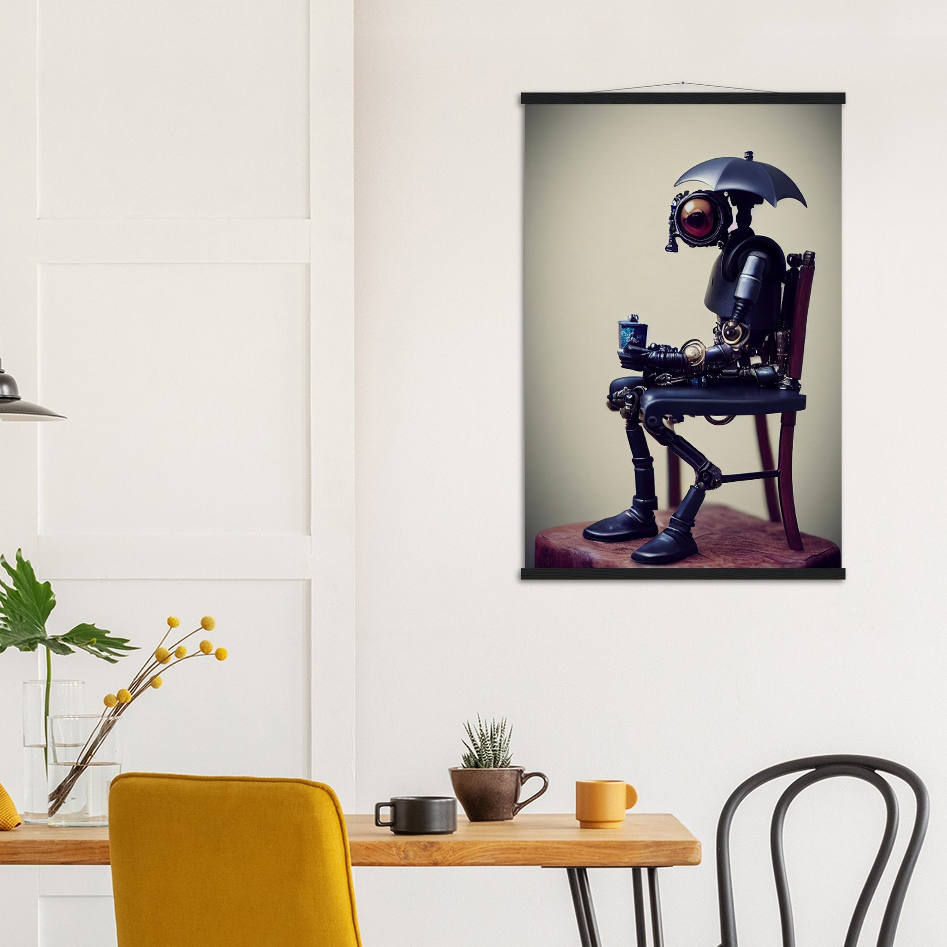  Poster mit Leisten (Holz) in Museumsqualität - Tiny robot with an umbrella "Louis" - Regenschirm - Acryldruck - Wandkunst - Customizable Coffee Cup - Personalized Gifts - Kunstdruck - Kleine Roboter - Acryldruck - Little Robots - Personalized Gifts - Tiny  - Steampunk - zukunft - Poster with frame - Kunstwerk - Office Poster - Poster mit Rahmen - Kaffee Tasse - Poster - Bedruckte Tassen - Kunst Marke - Art Brand - Kunstdrucke - Künstler: John Grayst & Pixelboys - emotional robots - Geschenkidee -