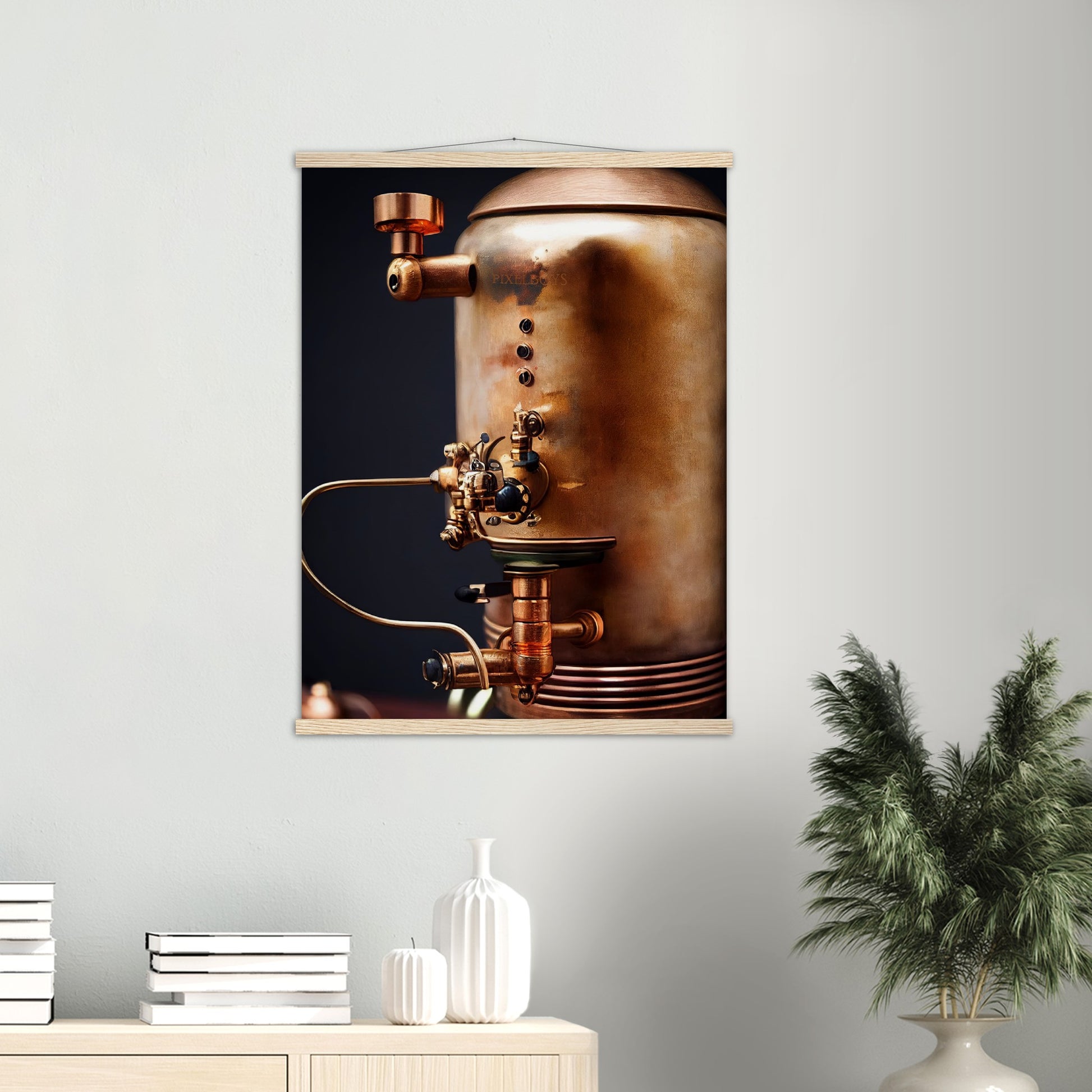 Poster mit Leisten (Holz) - Steampunk - Coffee Maker - No.5 - Collection Cup - Pixelboys - Wandbild - Kunstwerk - Hotelkunst - Kunst auf Postern - Fine Art - Steampunk - Future - Maschine - Poster with frame - Office Poster - Art Brand - Pixelboys - Coffee House - Restaurant Poster - Wall Art - Kunstdruck - Geschenkidee - Kunst auf Acrylglas - Future Coffee Cup - Personalisierbare Tasse - Gastro Tasse - exklusiv - Acryldruck - Gastronomie Poster - Hotelposter - Steam Punk Kitchen -   