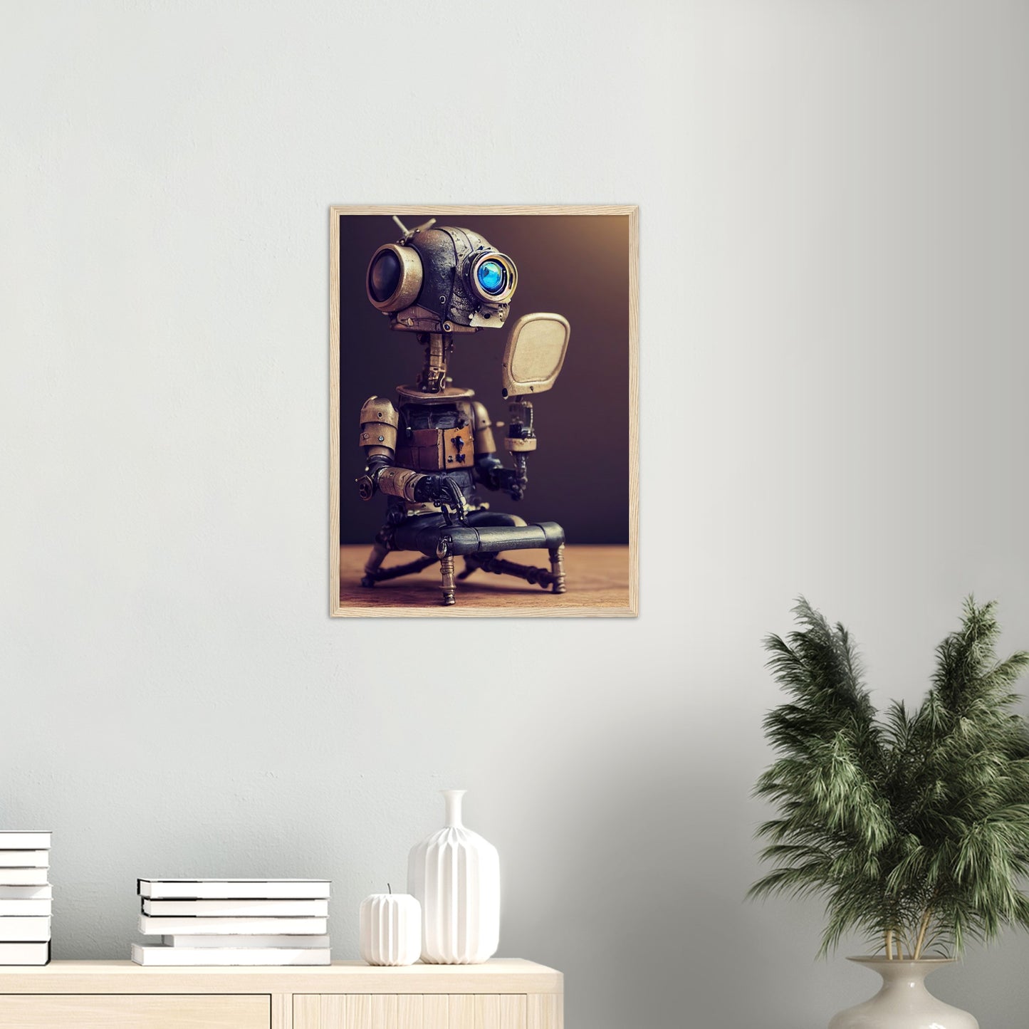 Poster mit Rahmen (Holz) in Museumsqualität - Tiny robot with a mirror - Hitoshi 人 - Wall Art - Spiegel - Acryldruck - Wandkunst - Customizable Coffee Cup - Personalized Gifts - Kunstdruck - Kleine Roboter - Acryldruck - Little Robots - Personalized Gifts - Tiny  - Steampunk - zukunft - Poster with frame - Kunstwerk - Office Poster - Poster mit Rahmen - Kaffee Tasse - Poster - Bedruckte Tassen - Kunst Marke - Art Brand - Kunstdrucke - Künstler: John Grayst & Pixelboys - emotional robots - Geschenkidee - 