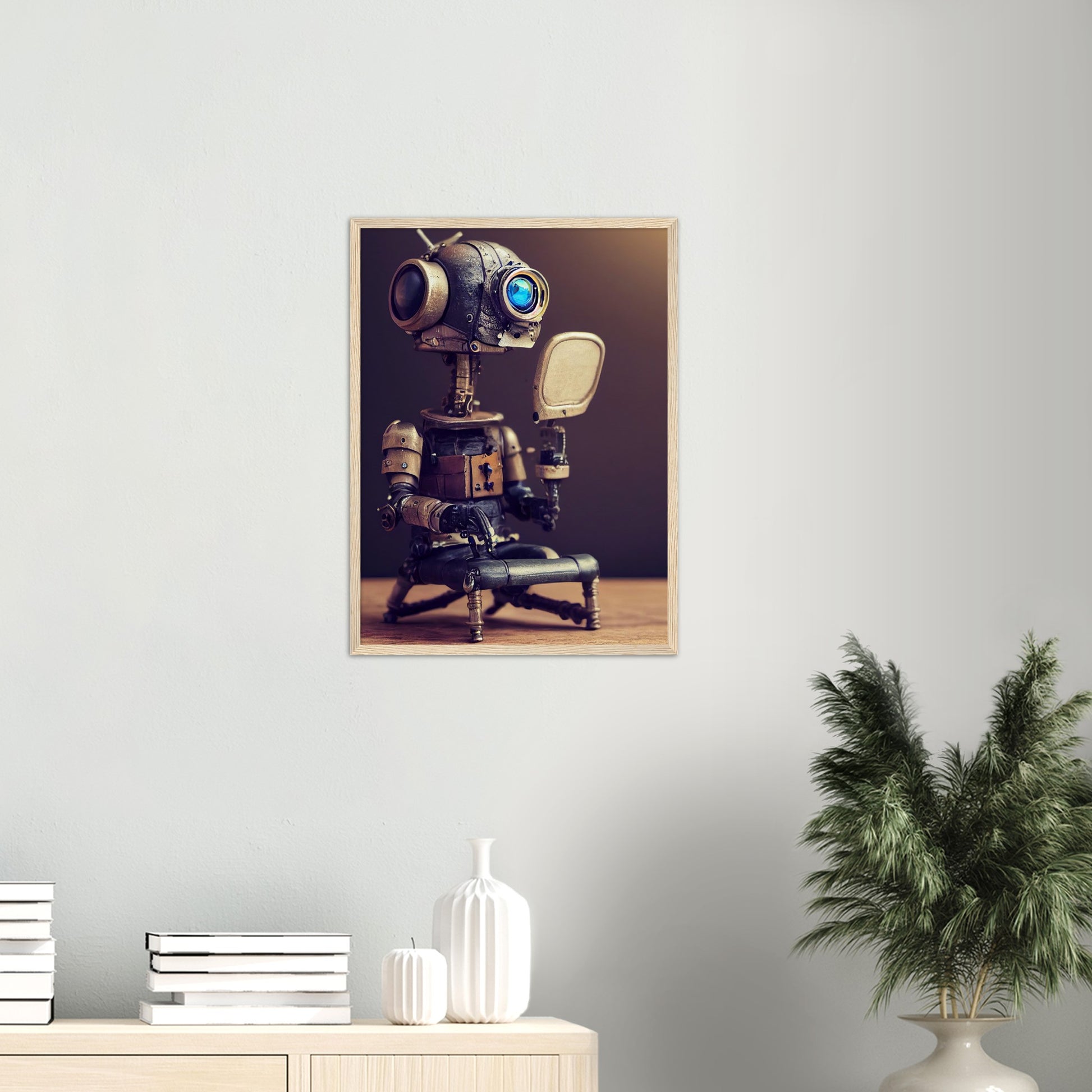 Poster mit Rahmen (Holz) in Museumsqualität - Tiny robot with a mirror - Hitoshi 人 - Wall Art - Spiegel - Acryldruck - Wandkunst - Customizable Coffee Cup - Personalized Gifts - Kunstdruck - Kleine Roboter - Acryldruck - Little Robots - Personalized Gifts - Tiny  - Steampunk - zukunft - Poster with frame - Kunstwerk - Office Poster - Poster mit Rahmen - Kaffee Tasse - Poster - Bedruckte Tassen - Kunst Marke - Art Brand - Kunstdrucke - Künstler: John Grayst & Pixelboys - emotional robots - Geschenkidee - 