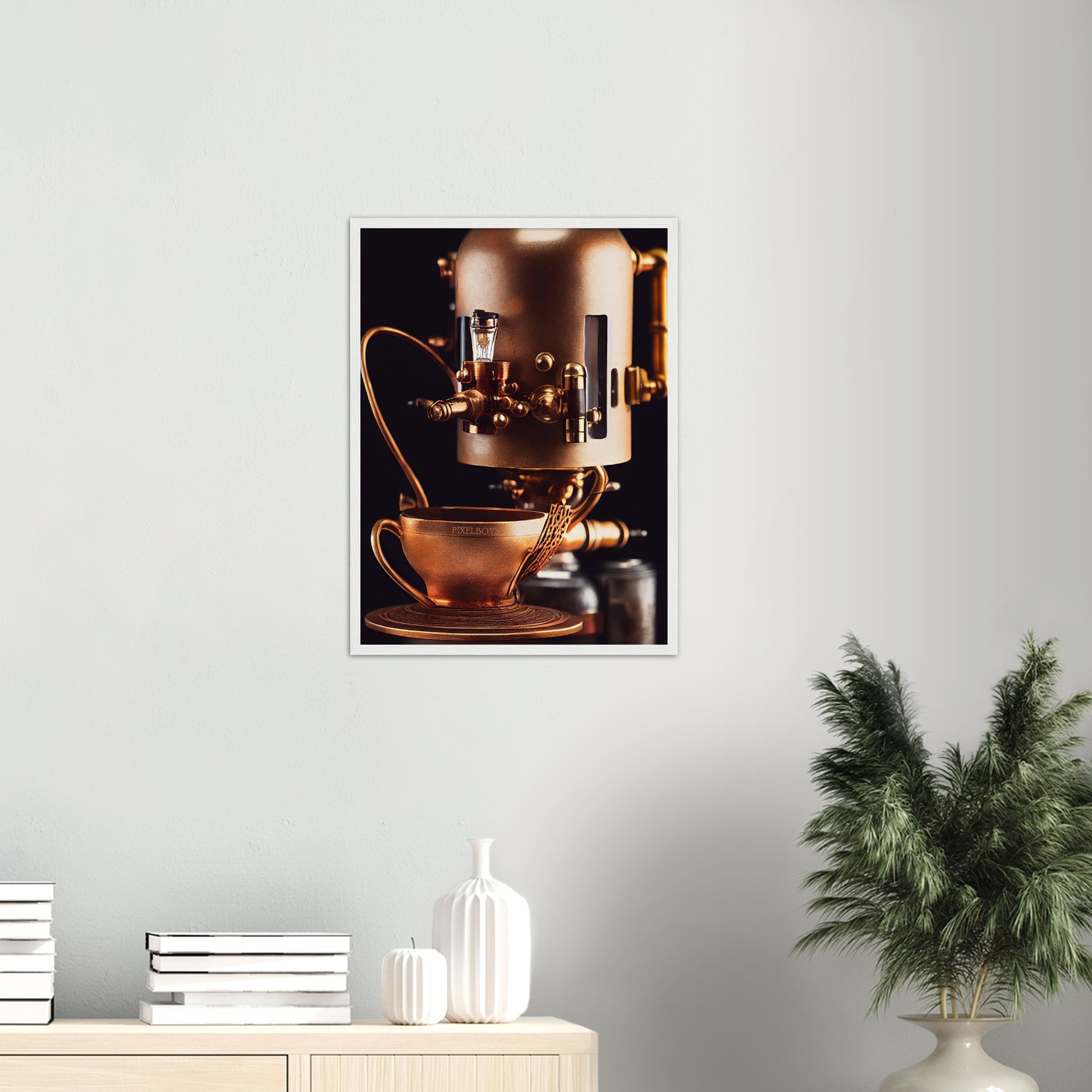 Poster mit Rahmen (Holz) - Steampunk - Coffee Maker - No.7 - Collection Cup - Pixelboys - Wandbild - Kunstwerk - Hotelkunst - Kunst auf Postern - Fine Art - Steampunk - Future - Maschine - Poster with frame - Office Poster - Art Brand - Pixelboys - Coffee House - Restaurant Poster - Wall Art - Kunstdruck - Geschenkidee - Kunst auf Acrylglas - Future Coffee Cup - Personalisierbare Tasse - Gastro Tasse - exklusiv - Acryldruck - Gastronomie Poster - Hotelposter - Teestube - Steam Punk Kitchen -   