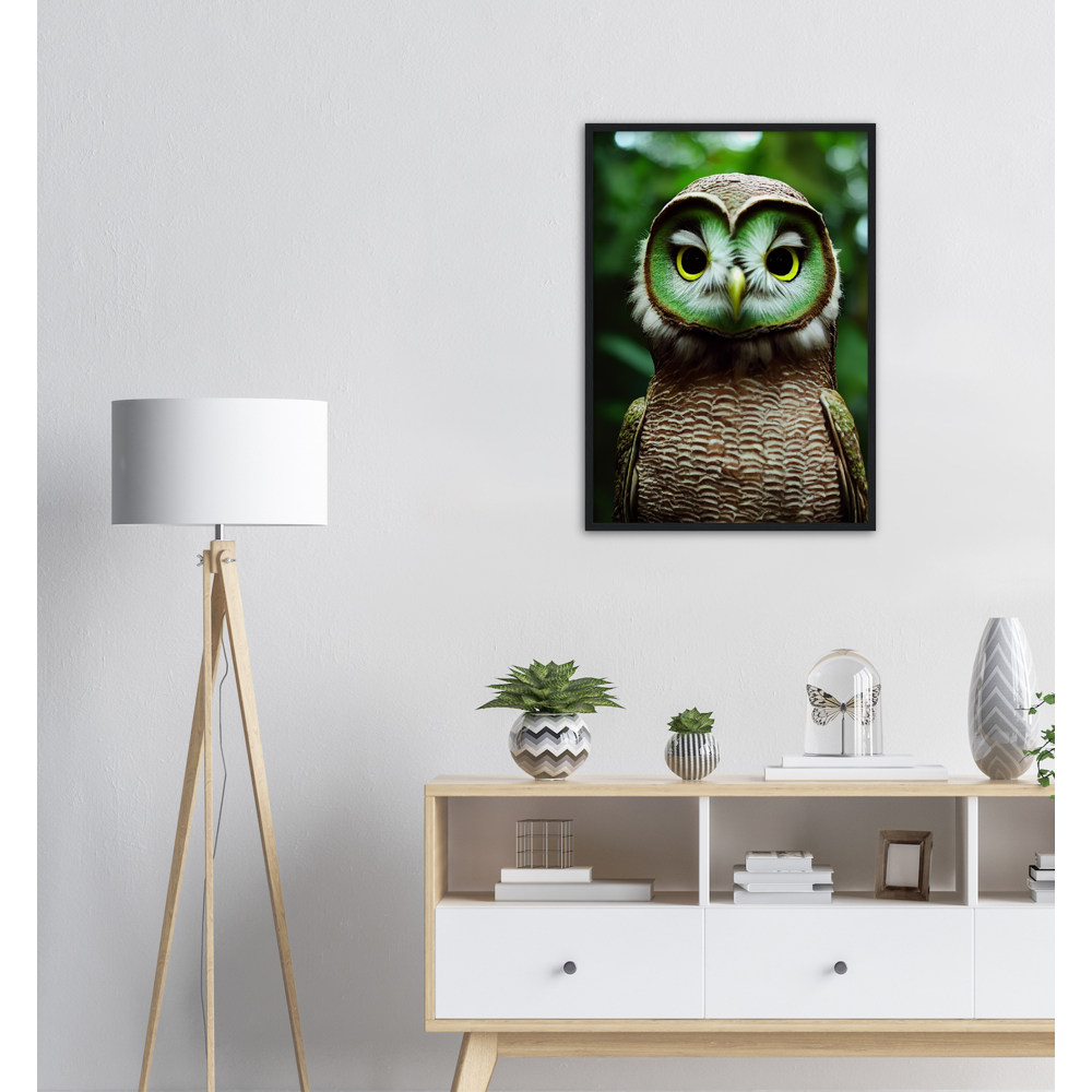 Poster mit Rahmen - Fruit Owl No. 4 - "Kiki", the Kiwi Owl - Wandkunst - Kunstdruck - (lat. tyto actinidia) - Kiwi Eule - Kiwi Owl - Fruchteulen - Vogel - Bird - Strigiformes - Noctua - Ornithologie - Kunstwerk  - Office Poster - Poster mit Rahmen - Kaffee Tasse - Poster mit Leisten - Bedruckte Tassen - Kunst Marke - Art Brand - Acryldruck - Wandbild - Kunstdrucke - Papier: 250g/qm - Künstler: John Grayst & Pixelboys - Eulen - Owl - Geschenkidee - 