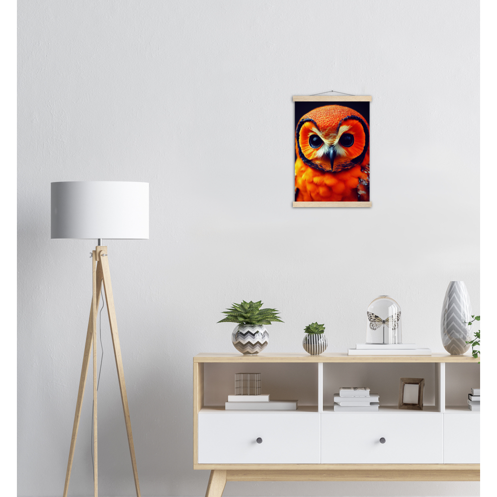 Poster mit Leisten (Holz) - Fruit Owl No. 1 - "Orangina", the orange owl - Serie Fruit Owls - Schleiereulen - lat. Tytonidae - Fruchteulen - Vogel - Bird - Strigiformes - Noctua - Ornithologie - Kunstwerk - Acryldruck - Poster mit Rahmen - Poster mit Leisten - Bedruckte Tassen - Kunst Marke - Art Brand - Pixelboys - Kunstdruck - Acrylbild - Wandbild - Kunstdrucke - Papier: 250g/qm - Künstler: John Grayst & Pixelboys - Eulen - Owl-  - Atelier - England - London - Birmingham - Manchester - Leeds - Liverpool  