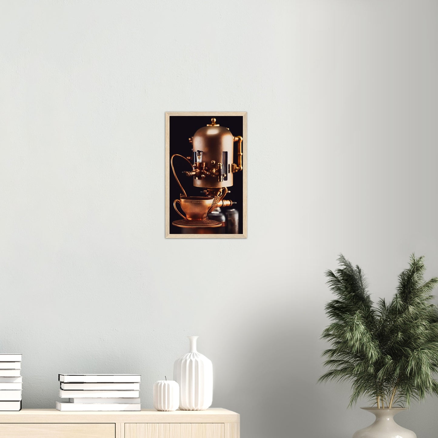 Poster mit Rahmen (Holz) - Steampunk - Coffee Maker - No.7 - Collection Cup - Pixelboys - Wandbild - Kunstwerk - Hotelkunst - Kunst auf Postern - Fine Art - Steampunk - Future - Maschine - Poster with frame - Office Poster - Art Brand - Pixelboys - Coffee House - Restaurant Poster - Wall Art - Kunstdruck - Geschenkidee - Kunst auf Acrylglas - Future Coffee Cup - Personalisierbare Tasse - Gastro Tasse - exklusiv - Acryldruck - Gastronomie Poster - Hotelposter - Teestube - Steam Punk Kitchen -   