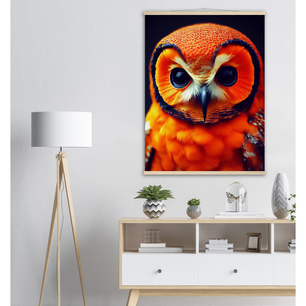 Poster mit Leisten (Holz) - Fruit Owl No. 1 - "Orangina", the orange owl - Serie Fruit Owls - Schleiereulen - lat. Tytonidae - Fruchteulen - Vogel - Bird - Strigiformes - Noctua - Ornithologie - Kunstwerk - Acryldruck - Poster mit Rahmen - Poster mit Leisten - Bedruckte Tassen - Kunst Marke - Art Brand - Pixelboys - Kunstdruck - Acrylbild - Wandbild - Kunstdrucke - Papier: 250g/qm - Künstler: John Grayst & Pixelboys - Eulen - Owl-  - Atelier - England - London - Birmingham - Manchester - Leeds - Liverpool  