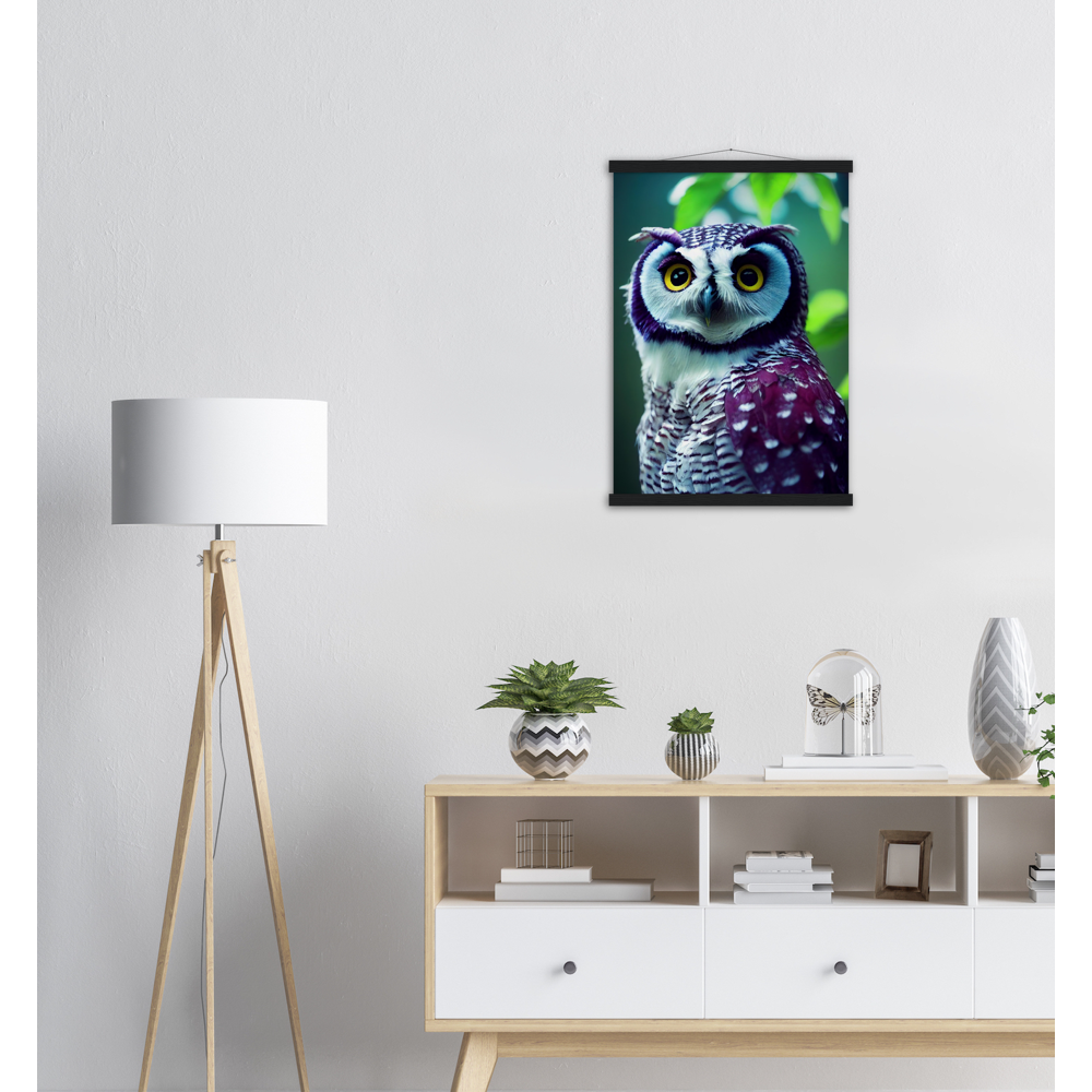 Poster mit Leisten (Holz) - Fruit Owl No.5 - "Sini", the bluberry owl - Wandkunst - Kunstdruck - Heidelbeereule - (lat. bubo vaccinium) - Teebecher - Heidelbeere Eule - Fruchteulen - blueberry owl- Vogel - Uhu - Bird - Strigiformes - Noctua - Ornithologie - Kunstwerk  - Office Poster - Poster mit Rahmen - Kaffee Tasse - Poster mit Leisten - Bedruckte Tassen - Kunst Marke - Art Brand - Acryldruck - Wandbild - Kunstdrucke - Papier: 250g/qm - Künstler: John Grayst & Pixelboys - Eulen - Owl - Geschenkidee - 