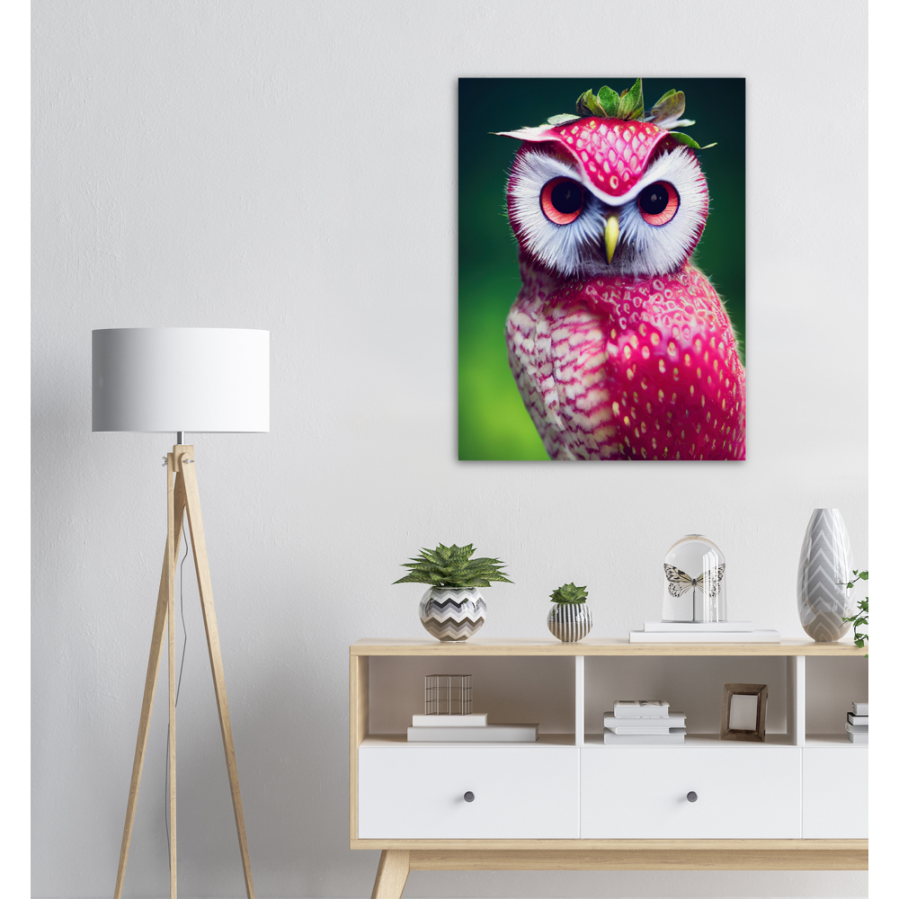 Poster in Museumsqualität - Fruit Owl No. 2 - "Berry", the Strawberry Owl - Serie Fruit Owls - Wandkunst - Kunstdruck - (fiktiv: lat.  Pulsatrix Fragaria) - Erdbeere - Schleiereulen - Fruchteulen - Vogel - Bird - Strigiformes - Noctua - Ornithologie - Kunstwerk  - Office Poster - Poster mit Rahmen - Kaffee Tasse - Poster mit Leisten - Bedruckte Tassen - Kunst Marke - Art Brand - Acrylbild - Wandbild - Kunstdrucke - Papier: 250g/qm - Künstler: John Grayst & Pixelboys - Eulen - Owl - Geschenkidee - 