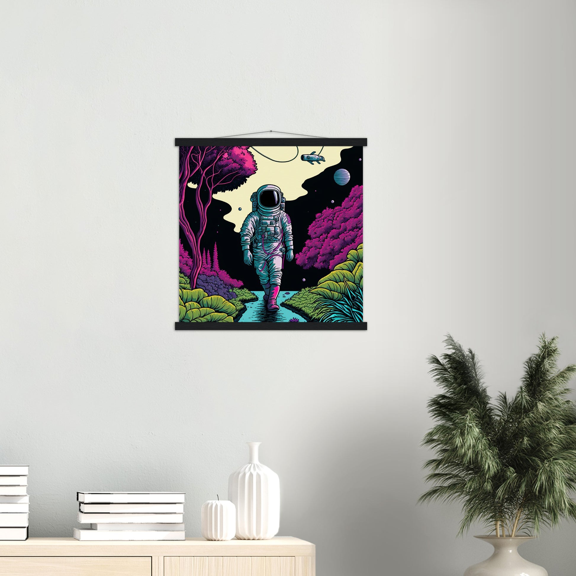 Poster mit Leisten (Holz) in Museumsqualität - Wandering Astronaut - Stephen - Illustration - Astronaut - Panorama - Rocketman - Posterleisten - USA - Fineart - Posterrahmen  - Wandkunst - Holzrahmen - Poster with frame - artwork - art brand - printed cup personalized - Holzleisten - pixelboys - Kunstdrucke - wandbilder - wall art - Kunst auf Tassen  - Office Poster - Gastrotassen - Wanddekoration - Acrylkunst - Geschenkidee - Office Poster - Acryldruck - Abstrakte Kunst -