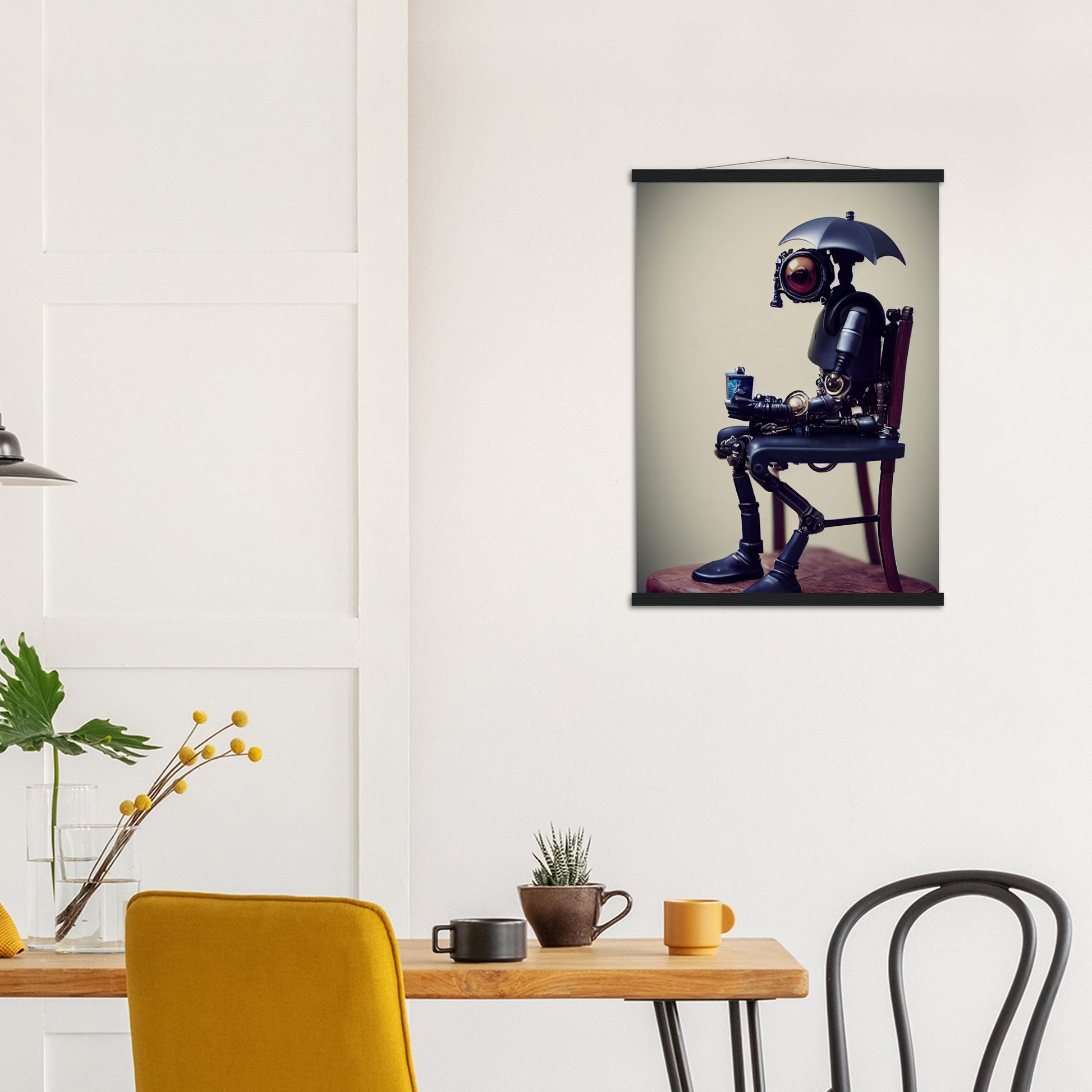  Poster mit Leisten (Holz) in Museumsqualität - Tiny robot with an umbrella "Louis" - Regenschirm - Acryldruck - Wandkunst - Customizable Coffee Cup - Personalized Gifts - Kunstdruck - Kleine Roboter - Acryldruck - Little Robots - Personalized Gifts - Tiny  - Steampunk - zukunft - Poster with frame - Kunstwerk - Office Poster - Poster mit Rahmen - Kaffee Tasse - Poster - Bedruckte Tassen - Kunst Marke - Art Brand - Kunstdrucke - Künstler: John Grayst & Pixelboys - emotional robots - Geschenkidee -