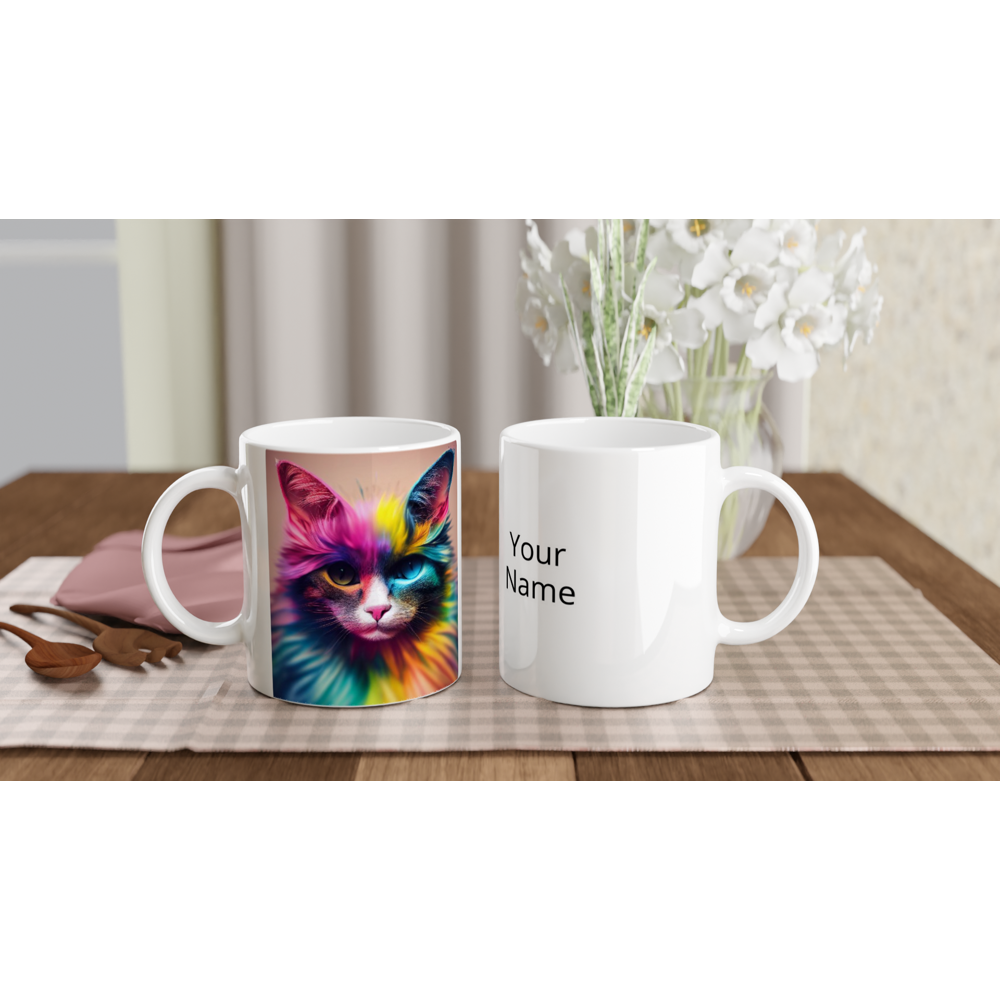 Personalisierte Tasse mit einzigartiger, farbenfroher Regenbogenkatze