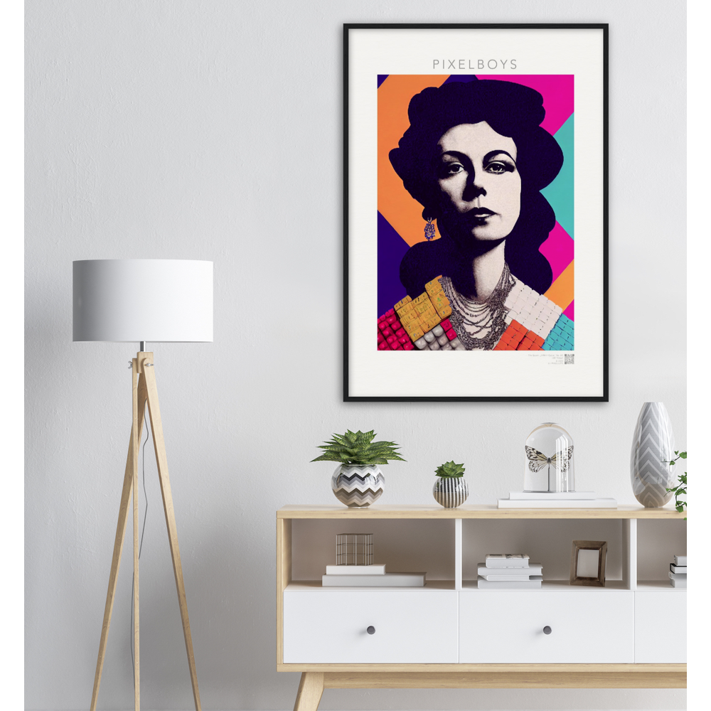 Poster mit Rahmen (Holz) - in Museumsqualität - The Queen No.3 - HRH in cubes - Kunstdruck - 250g/qm - Queen Elisabeth II - Monarch - HRH - His/Her Royal Highness - Groß Britannien - Commonwealth - The Royal Family - Wandbild - Kubismus - synthetischen Kubismus - Georges Braque - Künstler: "John Grayst" - Atelier - UK - GB - London - 