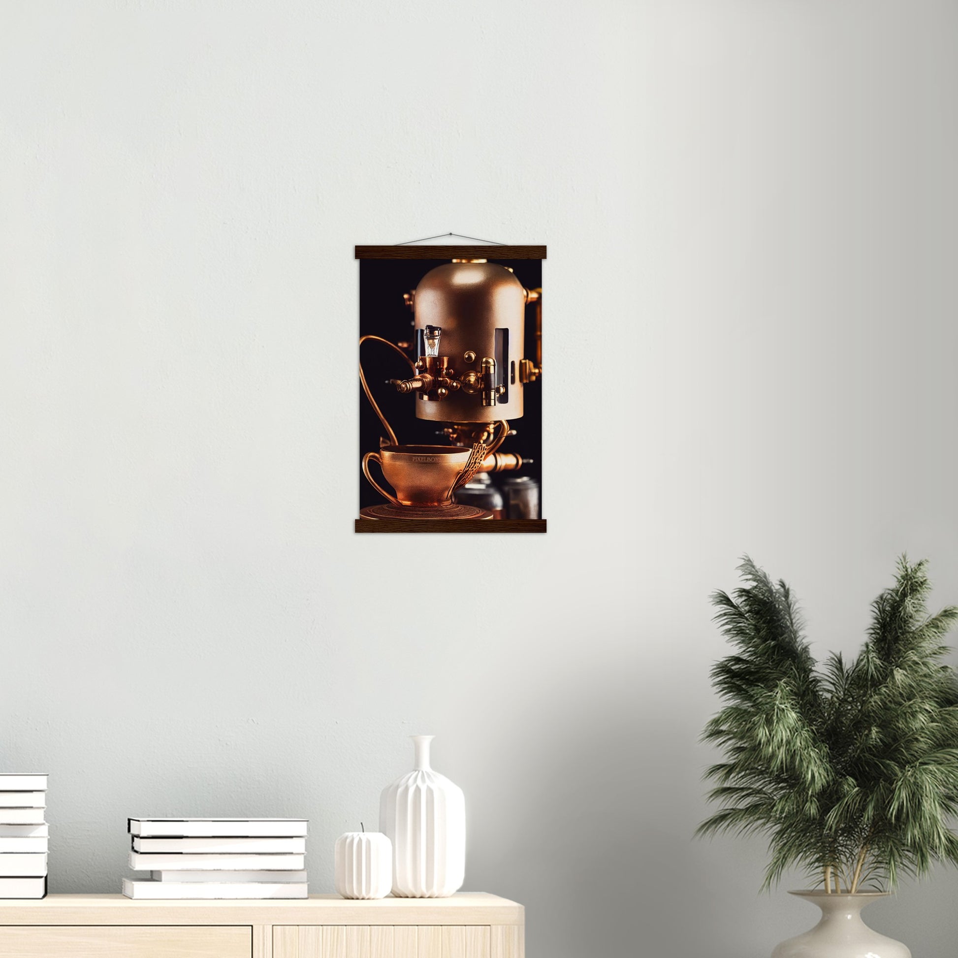 Poster mit Leisten (Holz) - Steampunk - Coffee Maker - No.7 - Collection Cup - Pixelboys - Wandbild - Kunstwerk - Hotelkunst - Kunst auf Postern - Fine Art - Steampunk - Future - Maschine - Poster with frame - Office Poster - Art Brand - Pixelboys - Coffee House - Restaurant Poster - Wall Art - Kunstdruck - Geschenkidee - Kunst auf Acrylglas - Future Coffee Cup - Personalisierbare Tasse - Gastro Tasse - exklusiv - Acryldruck - Gastronomie Poster - Hotelposter - Teestube - Steam Punk Kitchen -   