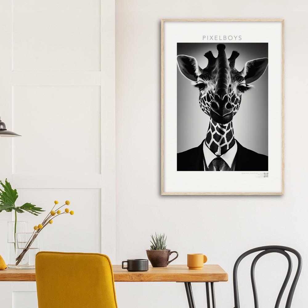 Poster mit Rahmen (Holz) - "The giraffe knows" - Business Animals No. 2 "Bridget" - Künstler: "John Grayst" Kunstdruck - Wandbild - Pixelboys - Atelier - Milano - Berlin - Munich - Madrid - New York - Dubai - Paris - Tokio - Rom - Lisbon - Ottawa - Bern Switzerland - Amsterdam - Seoul - Vancouver - Antwerpen -